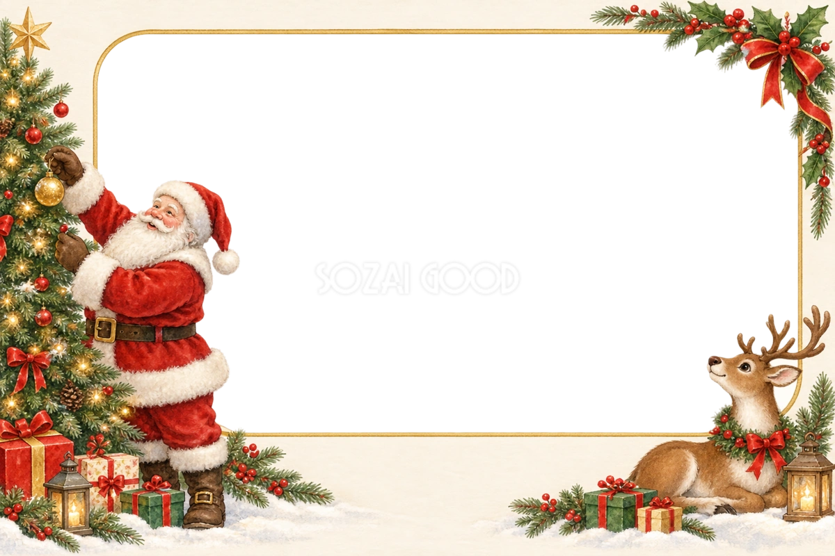 ツリーを飾るサンタのクリスマス写真フレーム|トナカイと飾り枠の無料イラスト97552