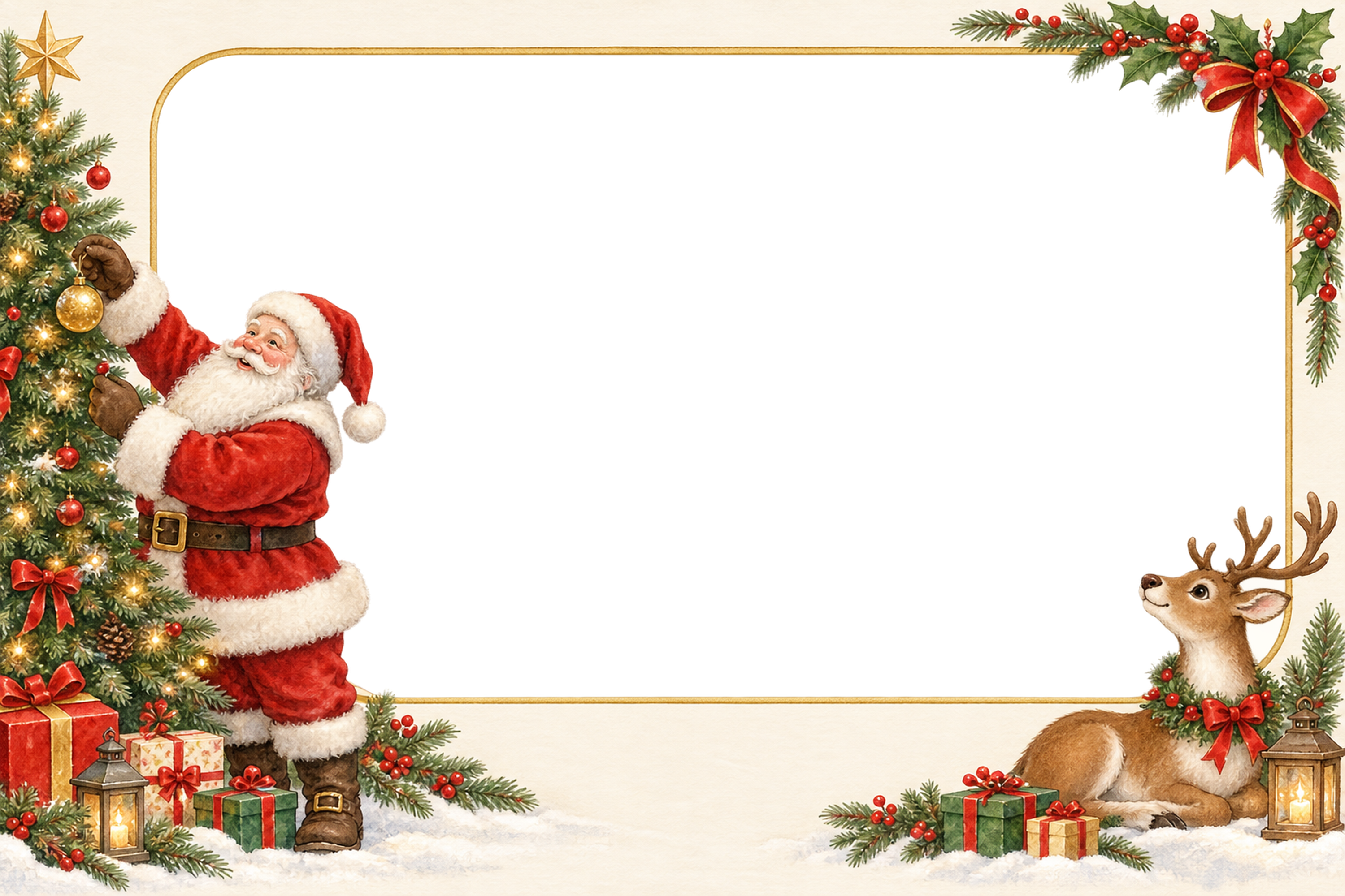 ツリーを飾るサンタのクリスマス写真フレーム｜トナカイと飾り枠の無料イラスト97552に写真・文字を入れる