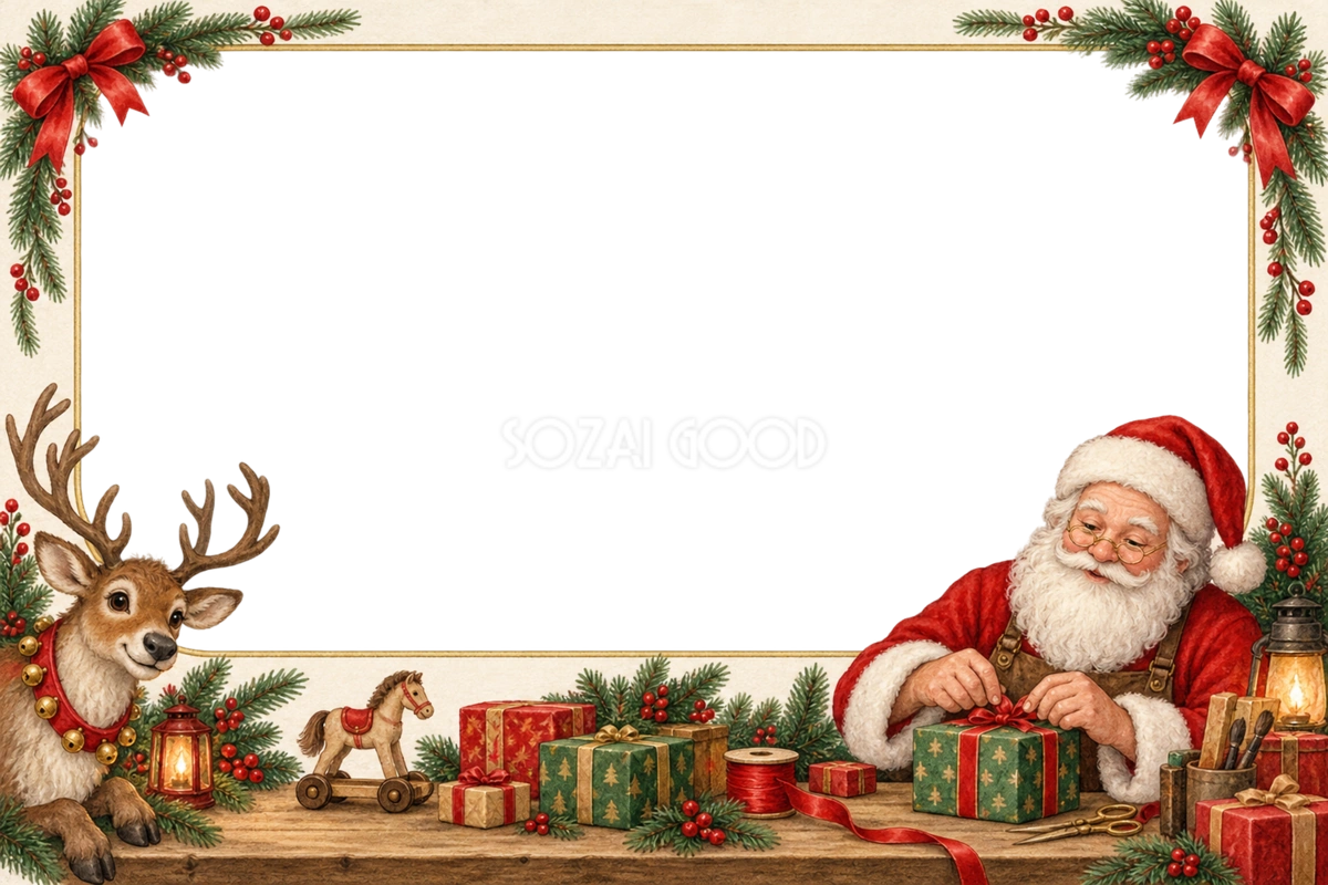 プレゼントを準備するサンタのクリスマス写真フレーム|贈り物の枠・無料イラスト97553