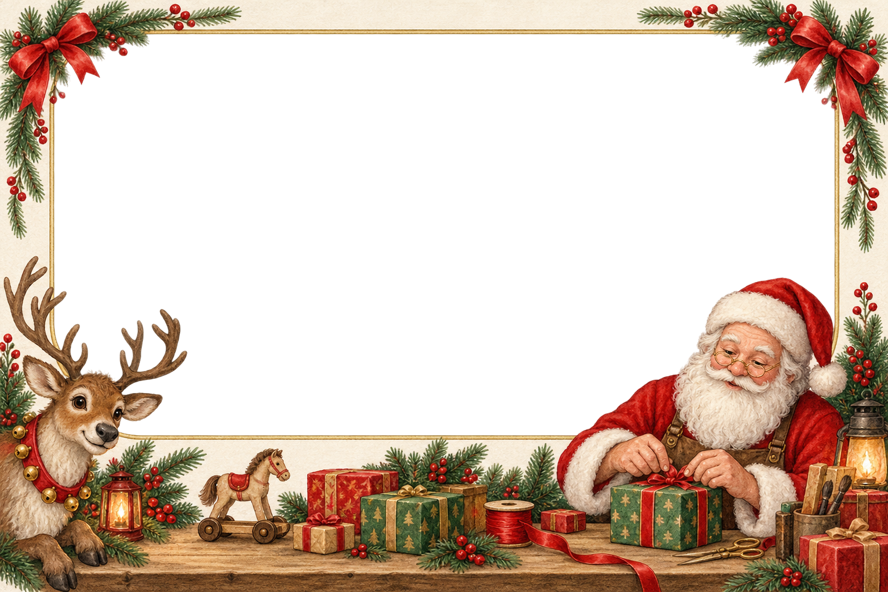 プレゼントを準備するサンタのクリスマス写真フレーム｜贈り物の枠・無料イラスト97553に写真・文字を入れる