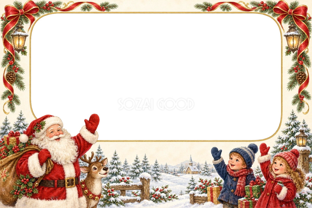 子どもに手を振るサンタのクリスマス写真フレーム|冬の飾り枠・無料イラスト97555