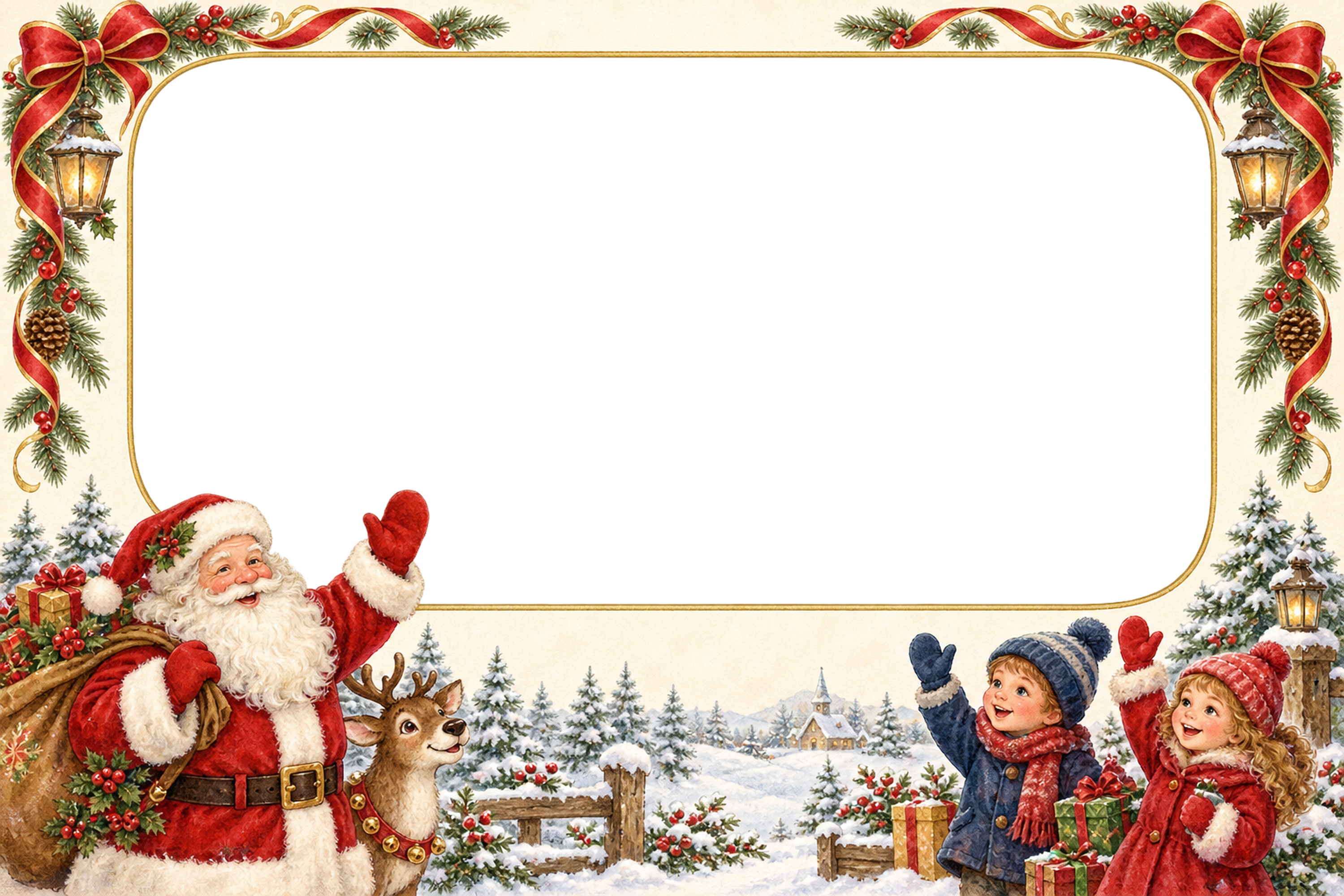 子どもに手を振るサンタのクリスマス写真フレーム｜冬の飾り枠・無料イラスト97555に写真・文字を入れる