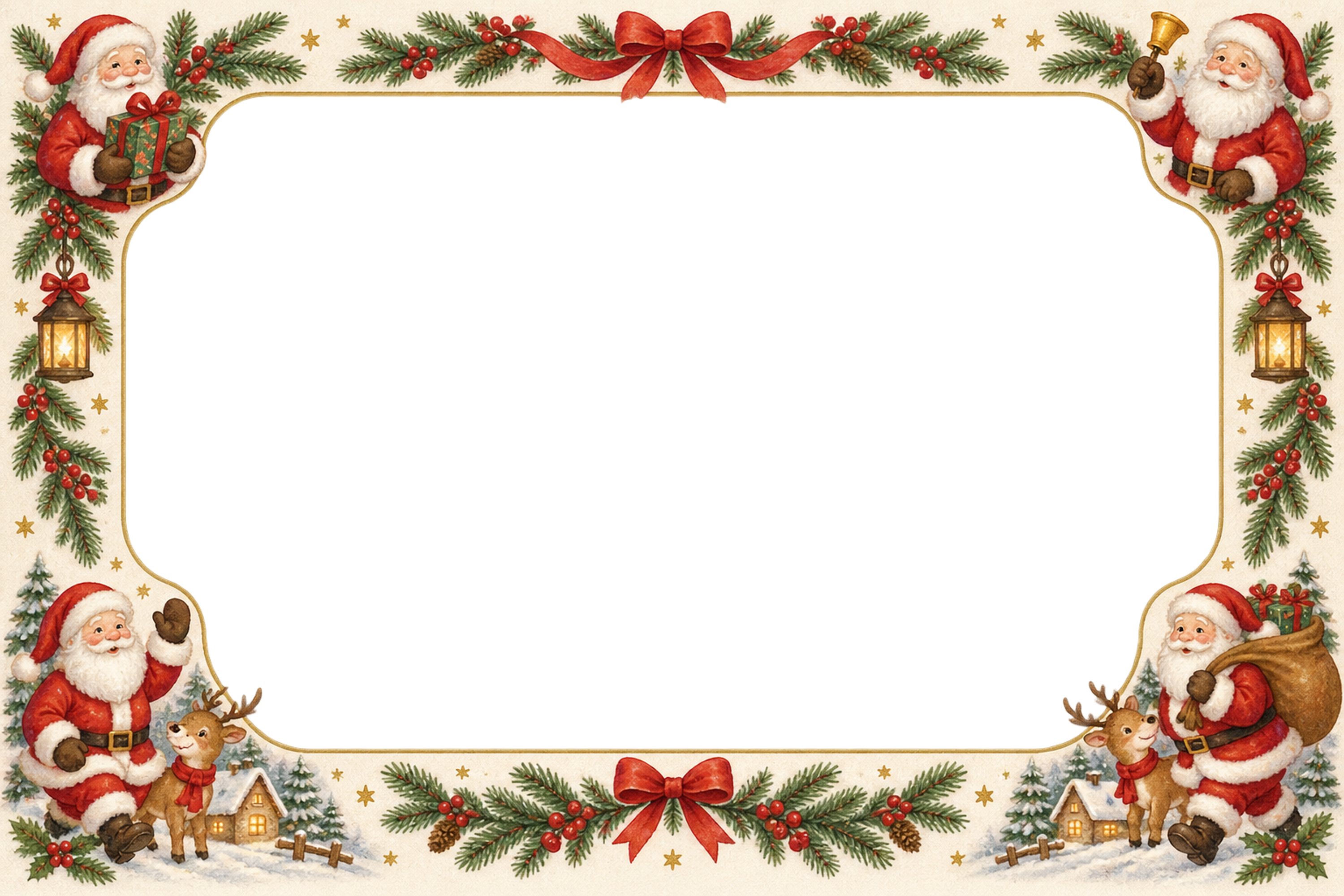 四隅の小さなサンタがかわいいクリスマス写真フレーム｜飾り枠の無料イラスト97556に写真・文字を入れる