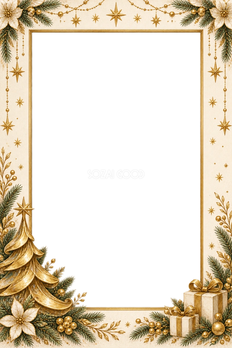 金のツリーと星のクリスマス写真フレーム|縦型の飾り枠・無料イラスト97561