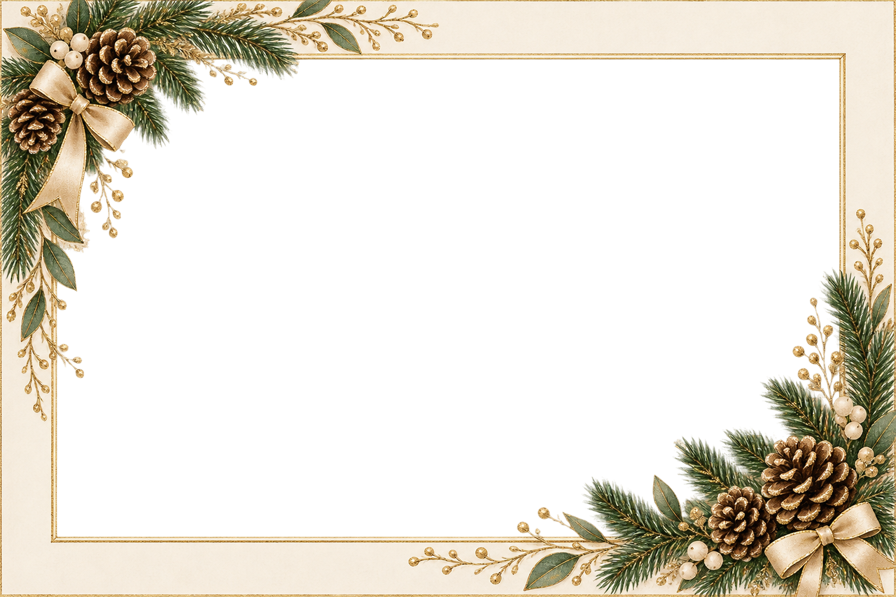 金の松ぼっくりとモミのクリスマス写真フレーム｜植物の飾り枠・無料イラスト97566に写真・文字を入れる