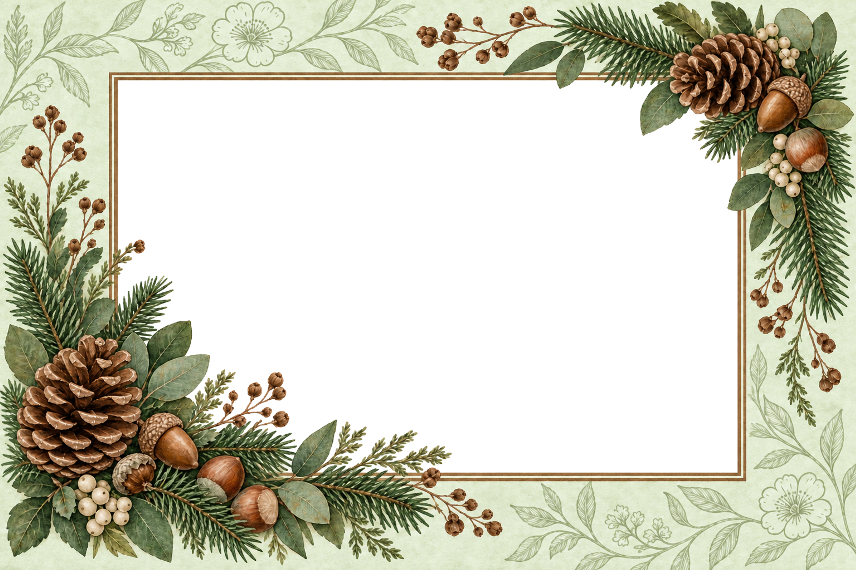 松ぼっくりと木の実のクリスマス写真フレーム｜ボタニカルな枠・無料イラスト97573に写真・文字を入れる