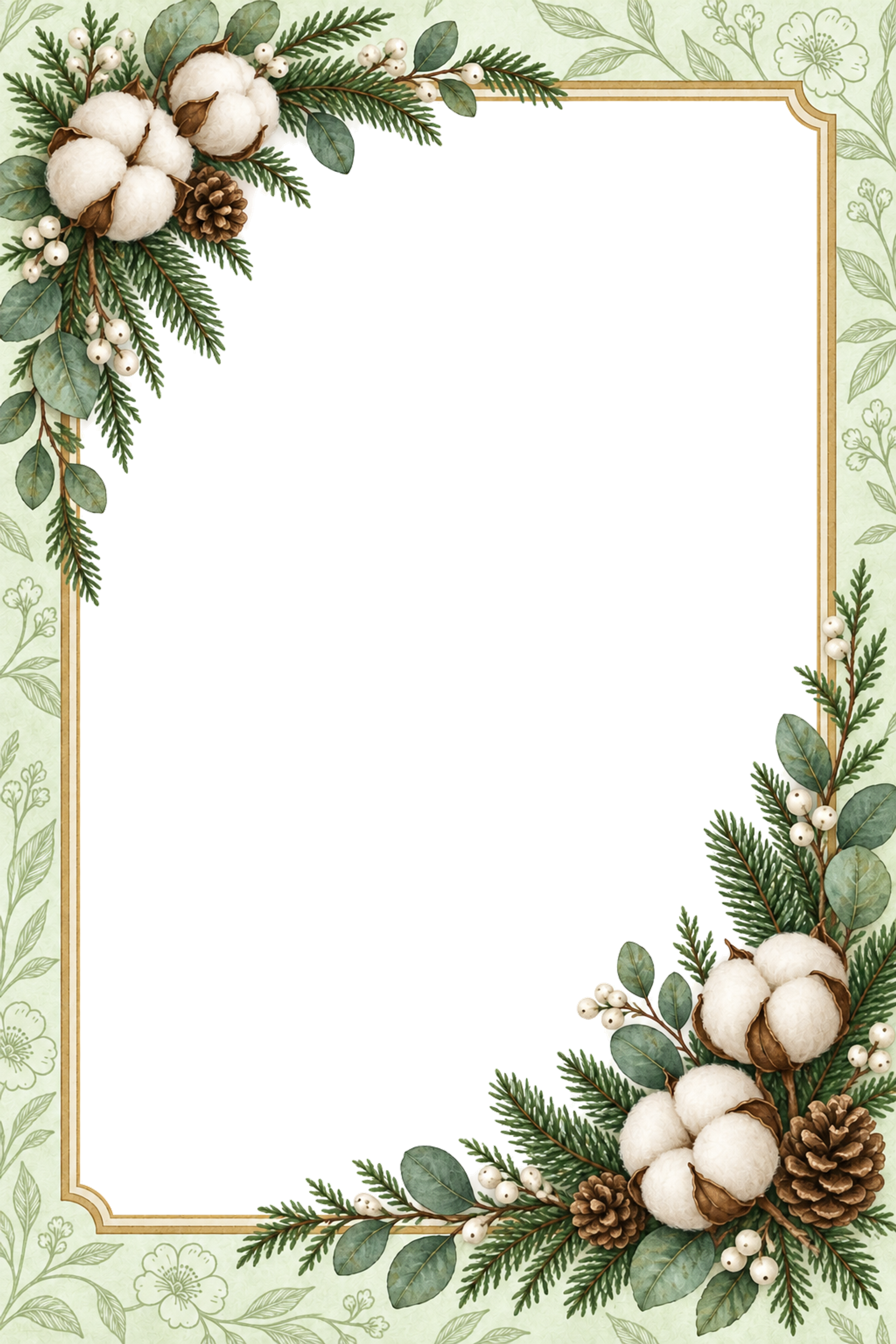 綿花とモミのクリスマス写真フレーム｜ボタニカルな縦型枠・無料イラスト97577に写真・文字を入れる