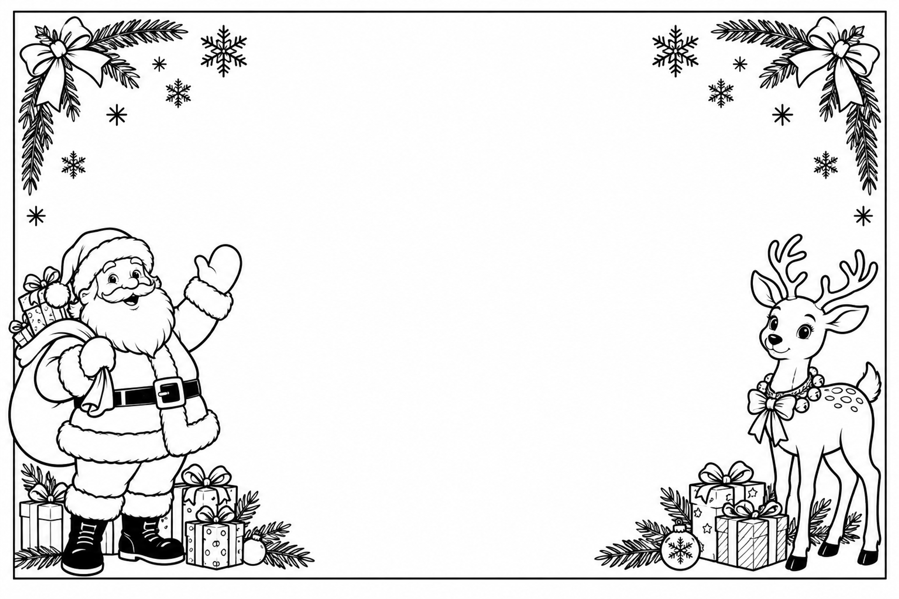 サンタとトナカイのクリスマスフレーム｜写真を飾る白黒枠の無料イラスト97585に写真・文字を入れる