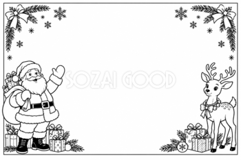 サンタとトナカイのクリスマスフレーム｜写真を飾る白黒枠の無料イラスト97585