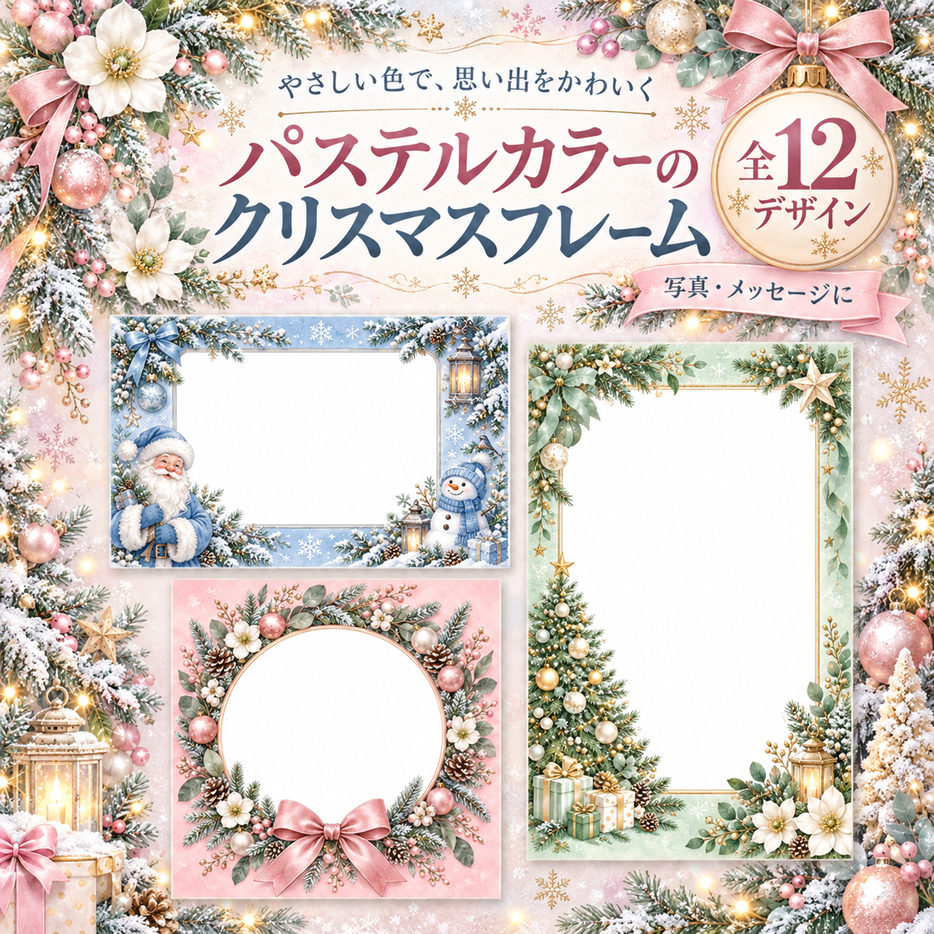 パステルカラーのクリスマスフレーム12選｜写真を彩るかわいい飾り枠・無料イラスト97596に写真・文字を入れる