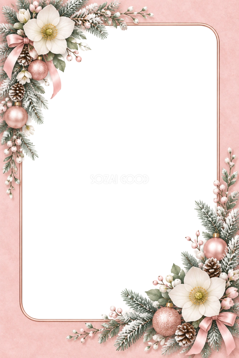 ピンクと白のクリスマス写真フレーム|花とリボンのかわいい枠・無料イラスト97597