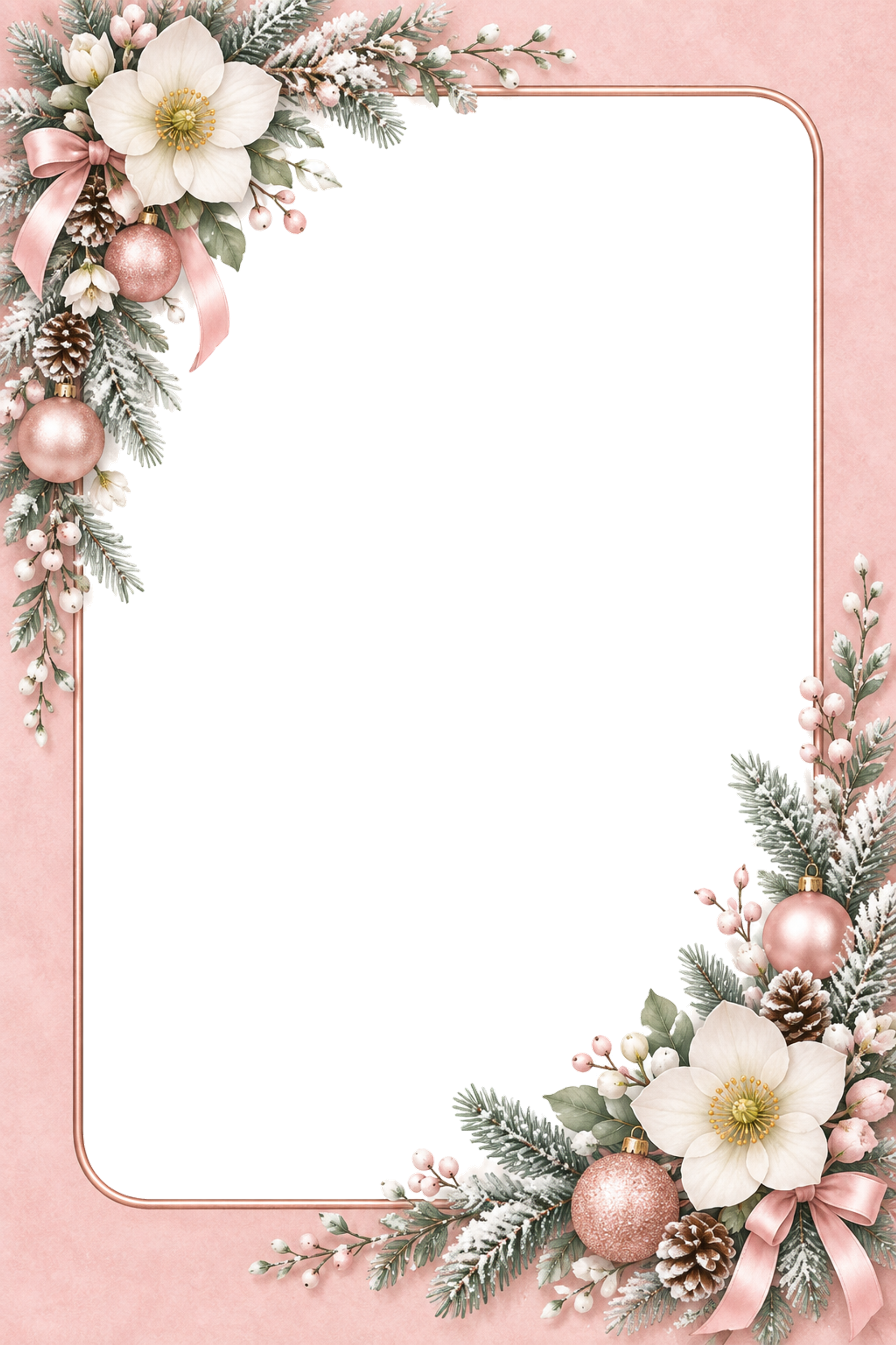 ピンクと白のクリスマス写真フレーム｜花とリボンのかわいい枠・無料イラスト97597に写真・文字を入れる