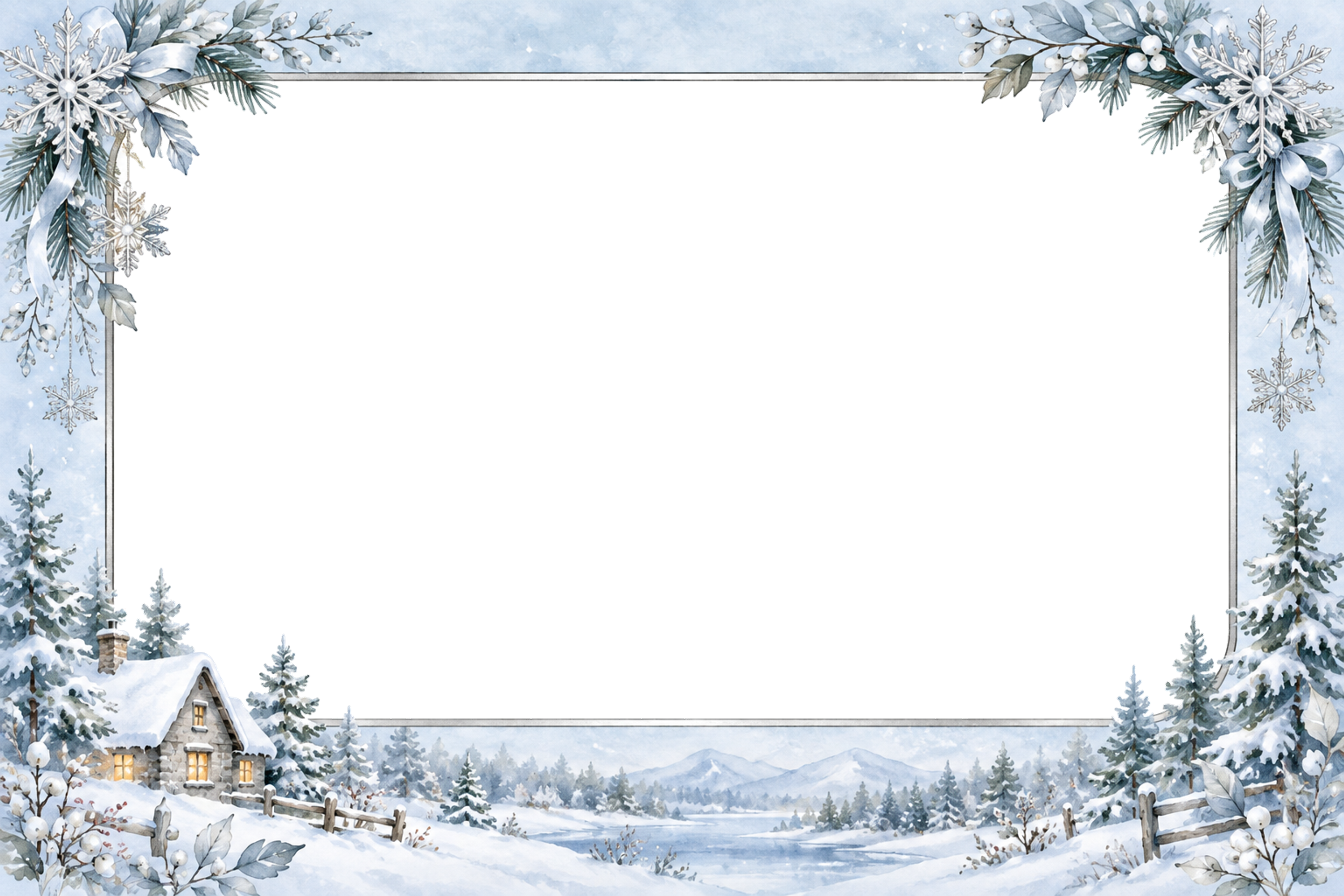 水色と銀のクリスマス写真フレーム｜雪景色の横長枠・無料イラスト97598に写真・文字を入れる