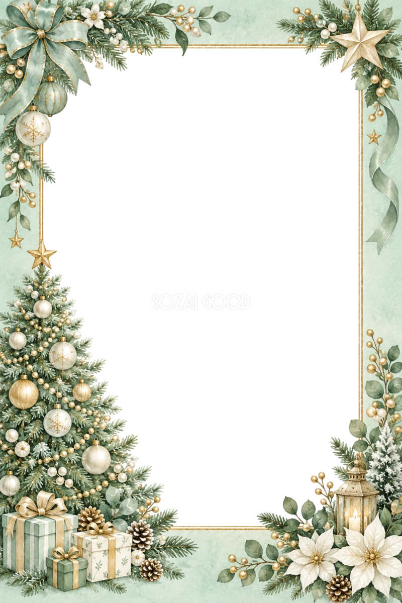 ミントグリーンのクリスマス写真フレーム|ツリーの縦型枠・無料イラスト97600