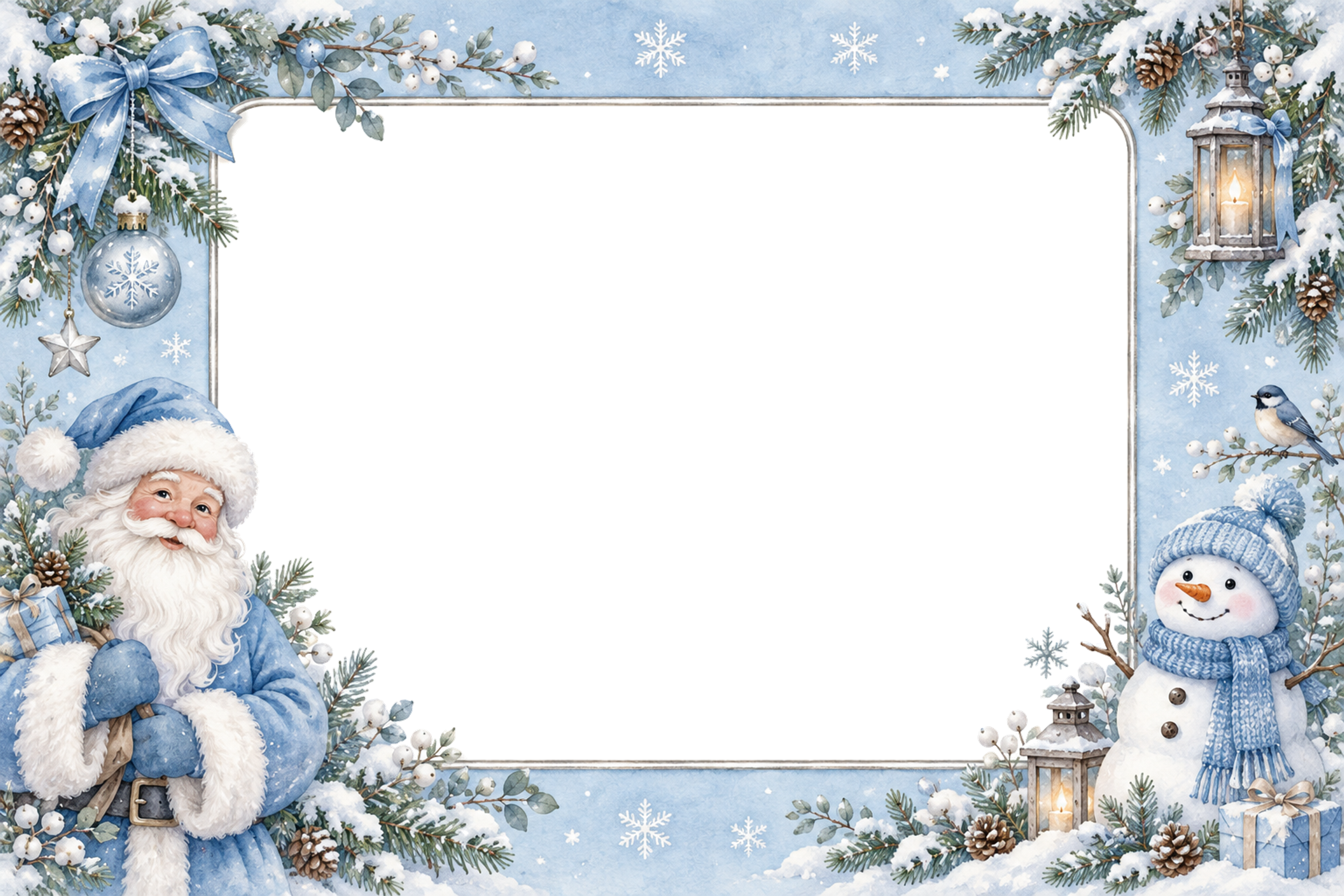 水色のサンタと雪だるまのクリスマス写真フレーム｜かわいい枠・無料イラスト97604に写真・文字を入れる