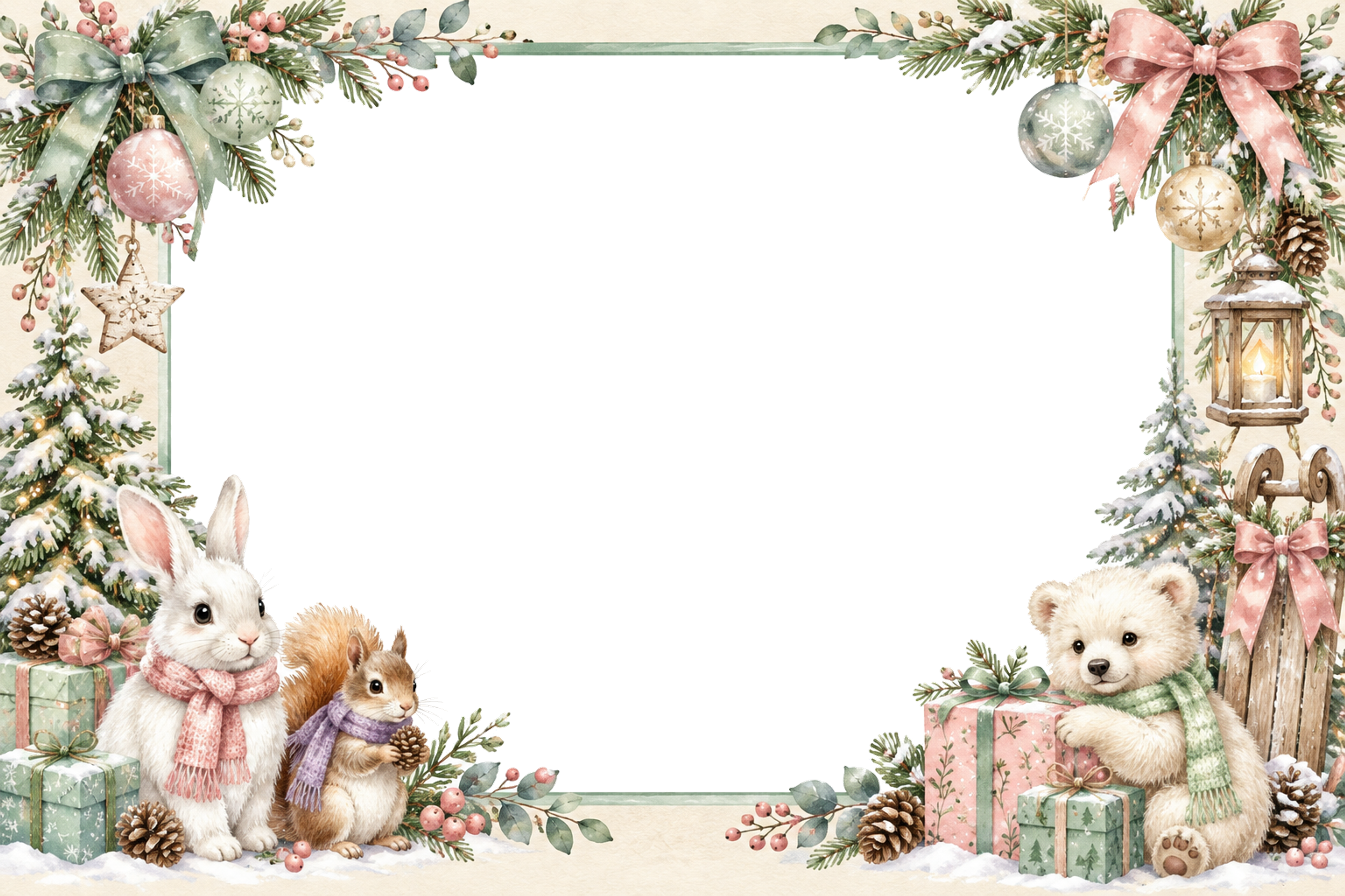 うさぎ・リス・クマのクリスマス写真フレーム｜パステルカラーの枠・無料イラスト97605に写真・文字を入れる