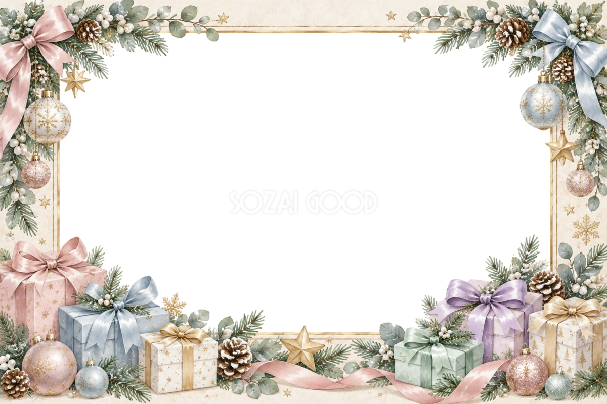 パステルプレゼントのクリスマス写真フレーム|リボンと箱の飾り枠・無料イラスト97607