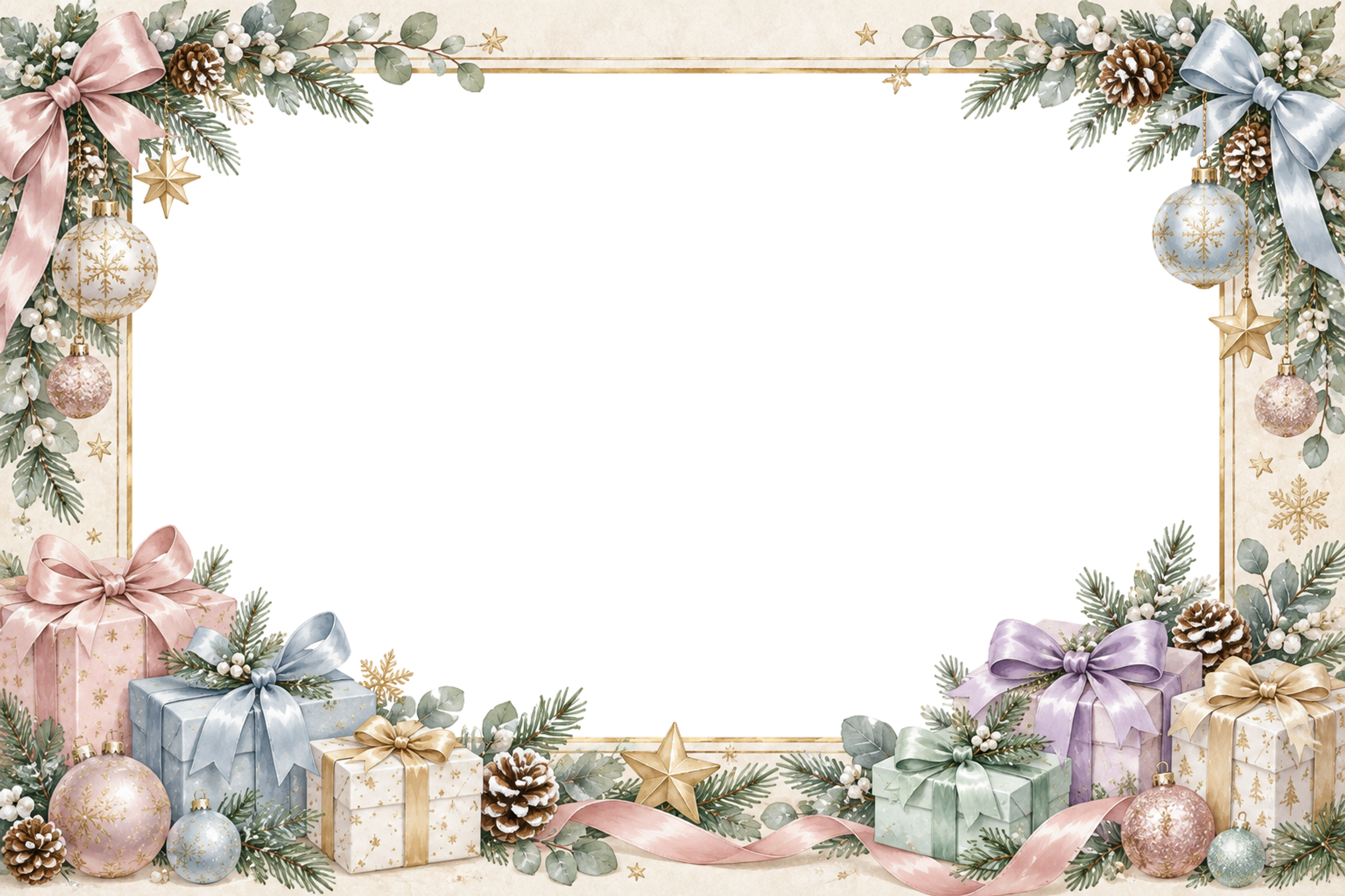 パステルプレゼントのクリスマス写真フレーム｜リボンと箱の飾り枠・無料イラスト97607に写真・文字を入れる