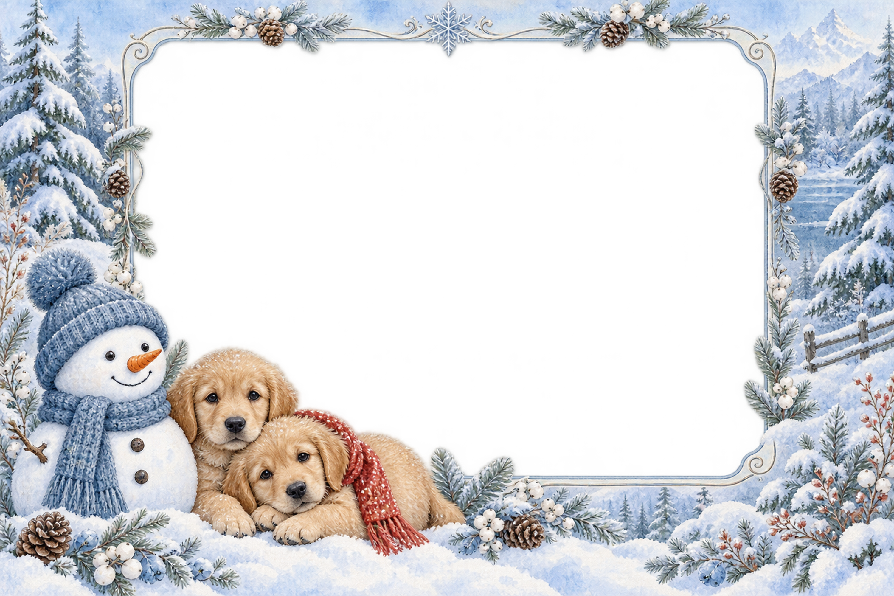 雪だるまと子犬の冬フレーム｜写真・メッセージ用のかわいい枠の無料イラスト97623に写真・文字を入れる