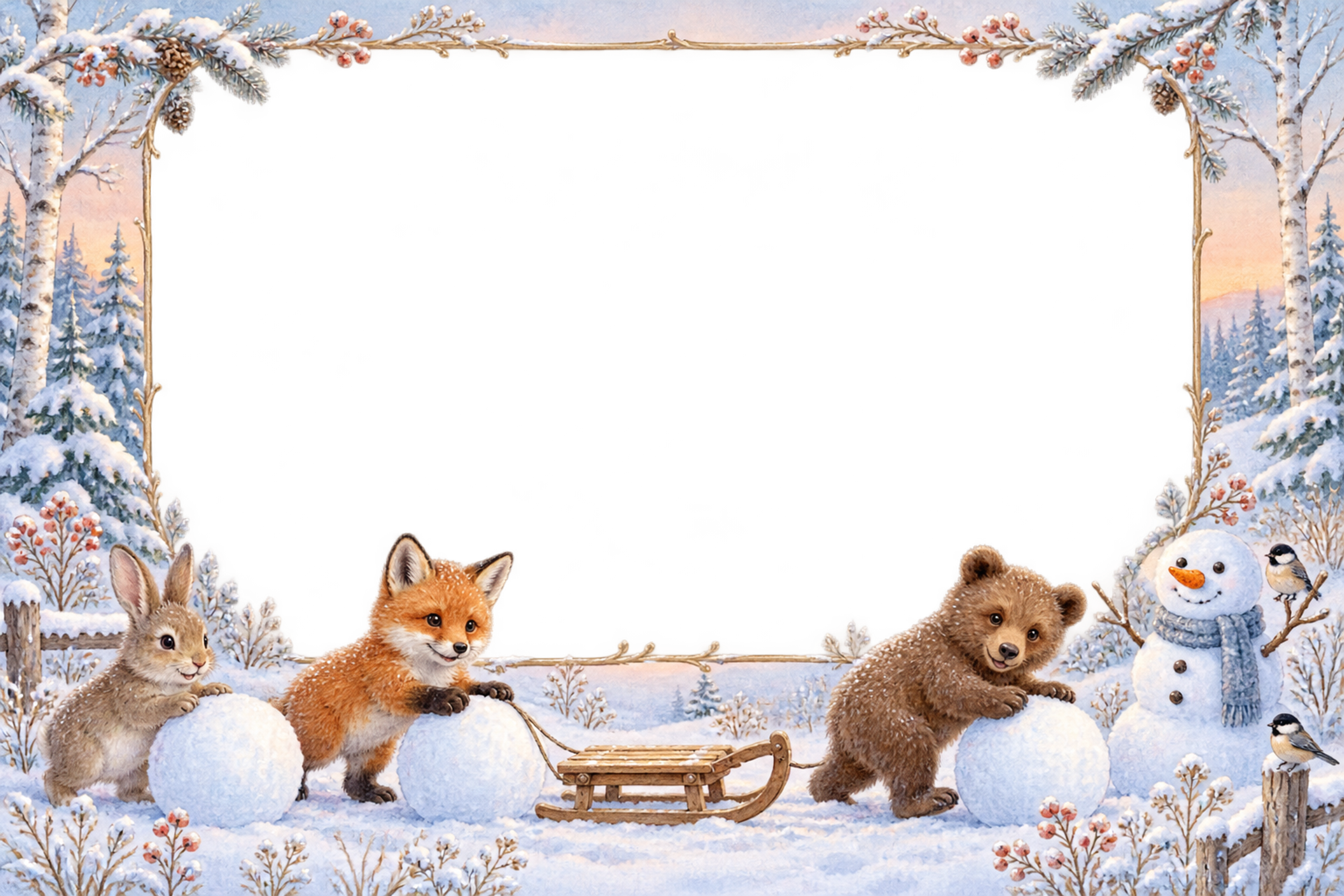 雪遊びをする動物たちの冬フレーム｜写真・メッセージ用の枠の無料イラスト97630に写真・文字を入れる