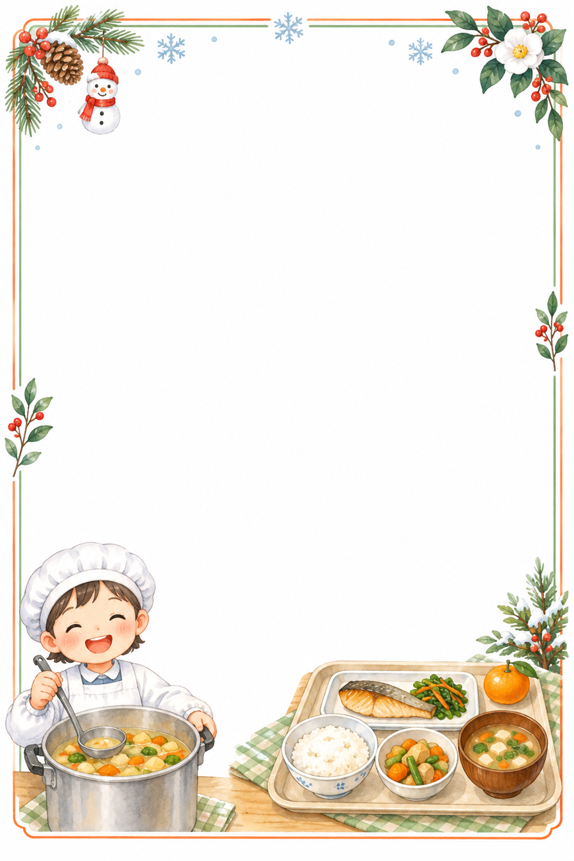 12月の給食だより用・スープと給食の冬フレーム｜写真・メッセージ用の枠の無料イラスト97657に写真・文字を入れる