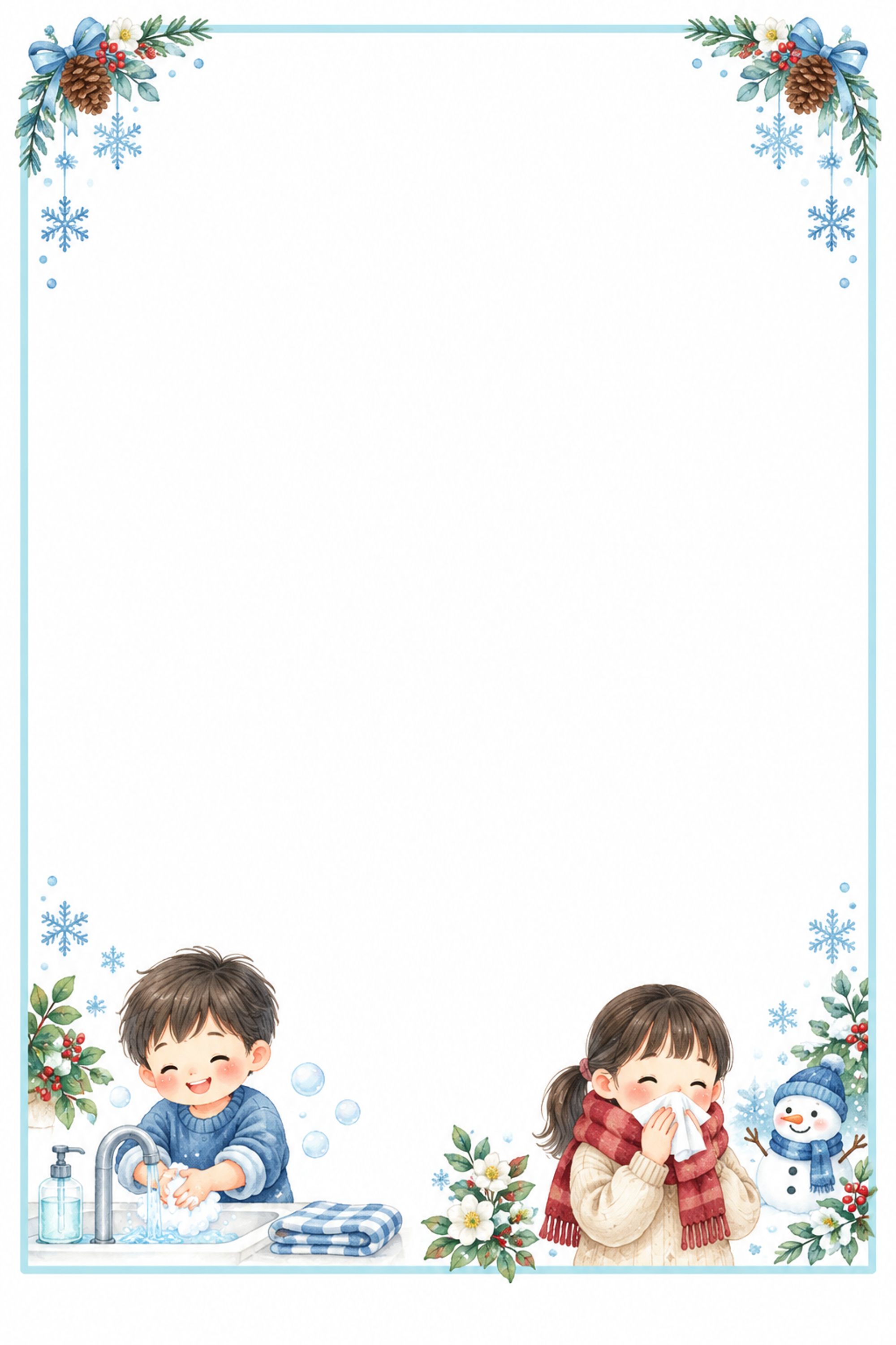 12月の保健だより用・手洗いとせきエチケットの冬フレーム｜写真・メッセージ用の枠の無料イラスト97658に写真・文字を入れる