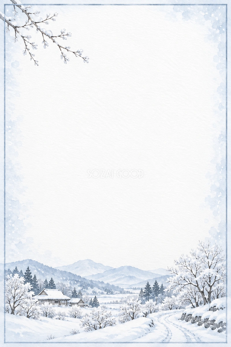雪景色の寒中見舞いフレーム|冬の写真・メッセージを飾る枠の無料イラスト