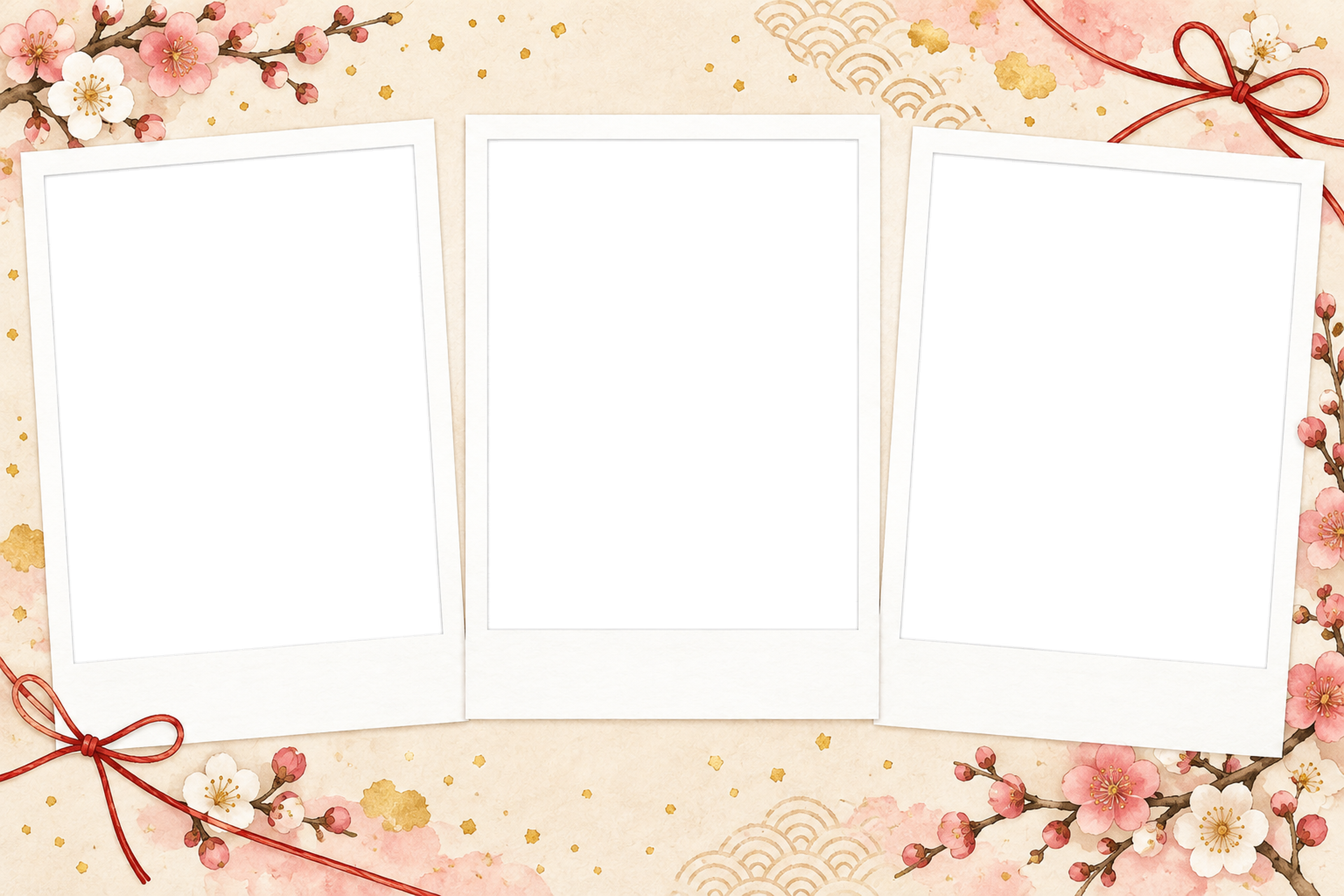インスタント写真風の3枚用横長年賀状フレーム｜文字なしの枠・無料イラストに写真・文字を入れる