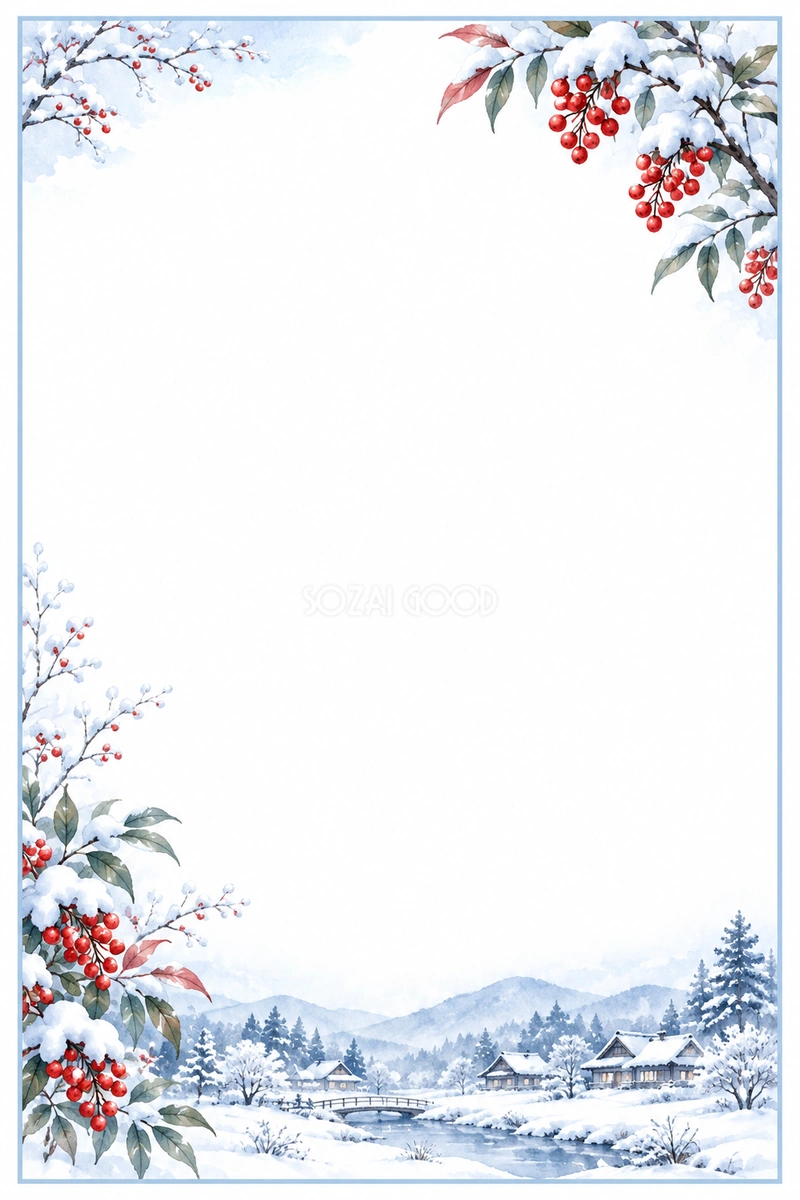 雪景色と南天の1月おたよりフレーム|文字なしの枠・無料イラスト