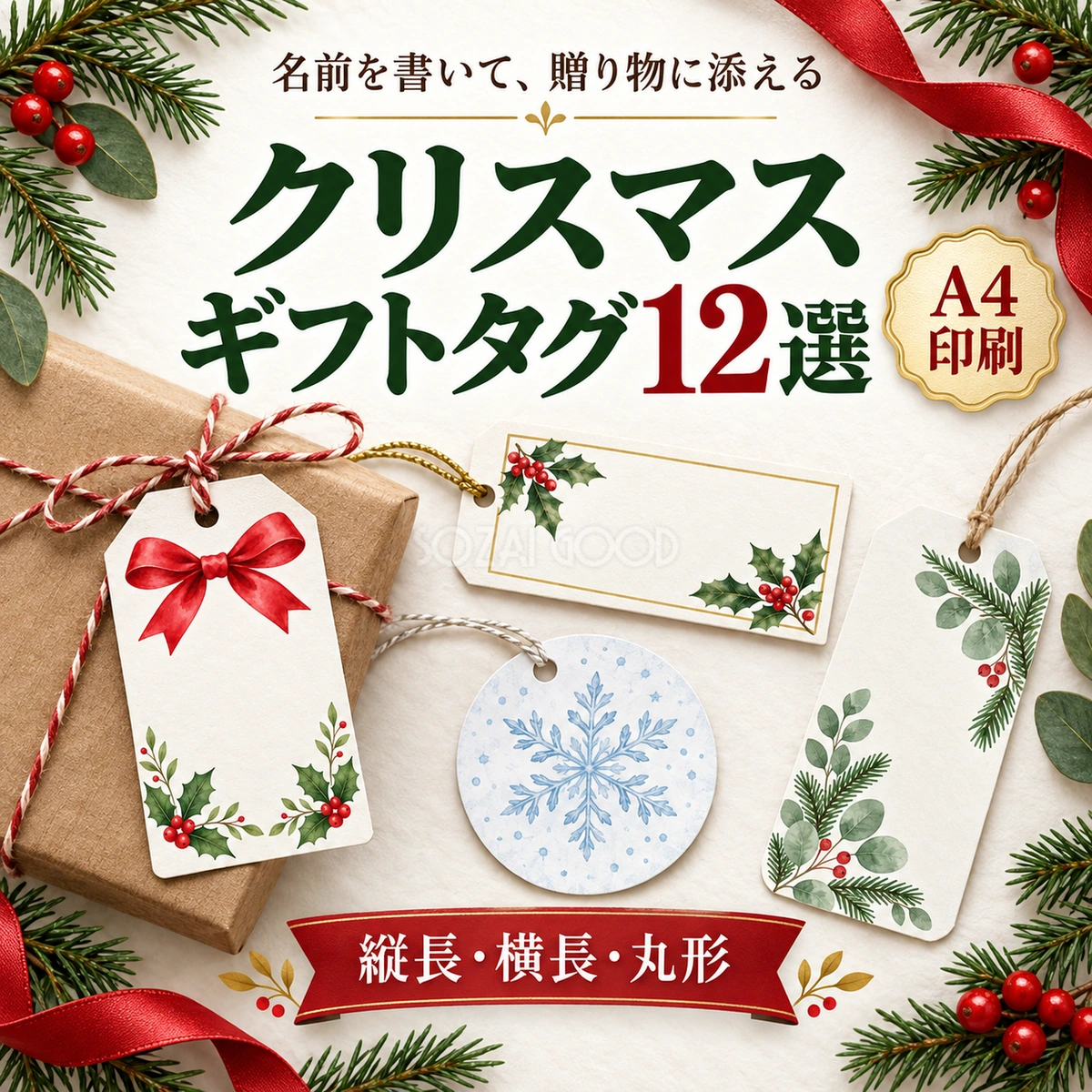 クリスマスギフトタグ12選｜名前を書けるA4印刷ラベル・無料イラスト