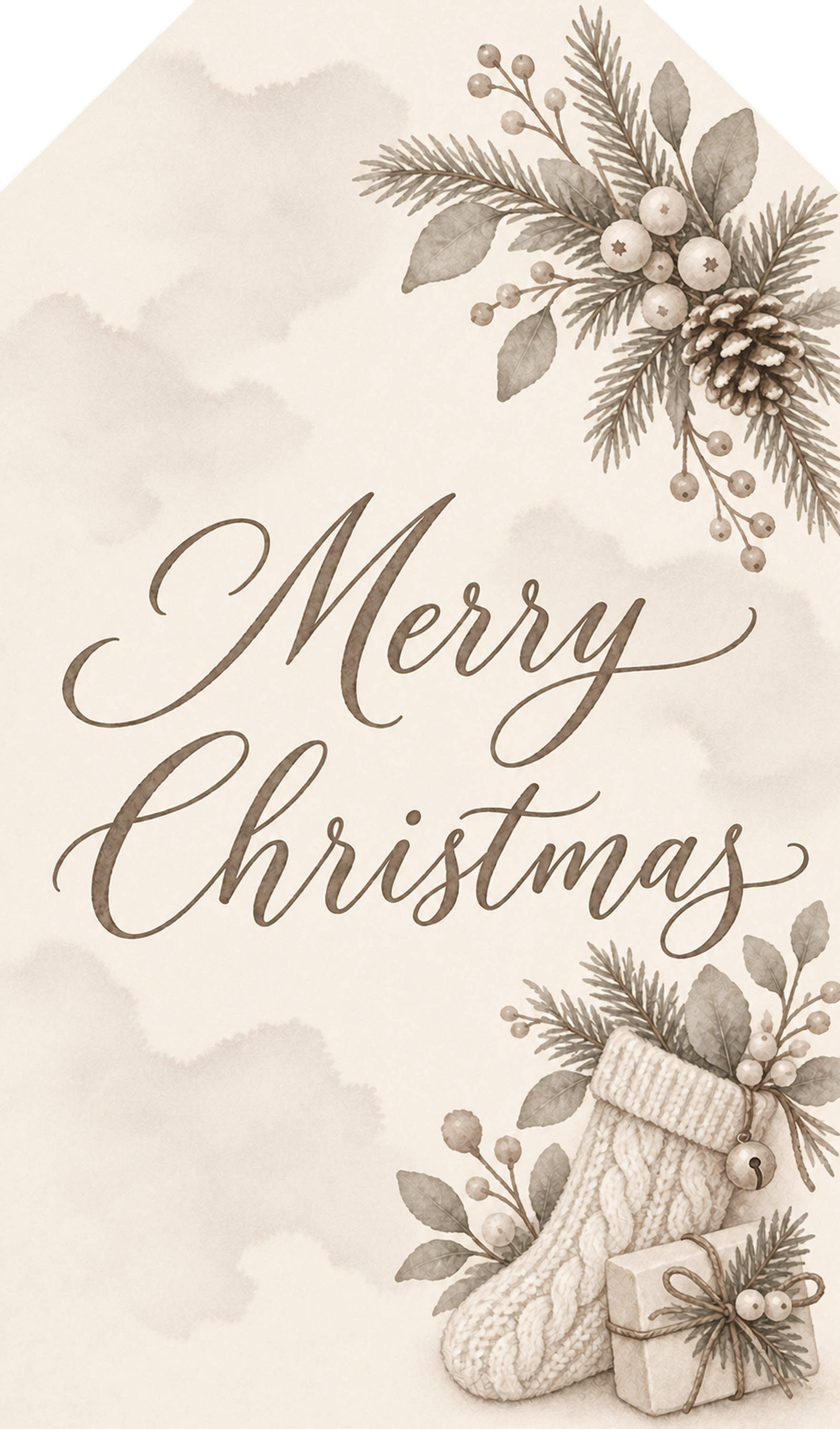 ニットの靴下と小さな贈り物の生成りクリスマスギフトタグ｜無料イラスト 97802に写真・文字を入れる