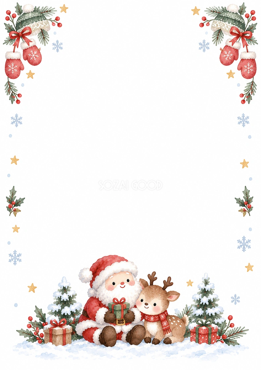 サンタと手袋のクリスマス手紙フレーム|文字なしの無料イラスト 97813