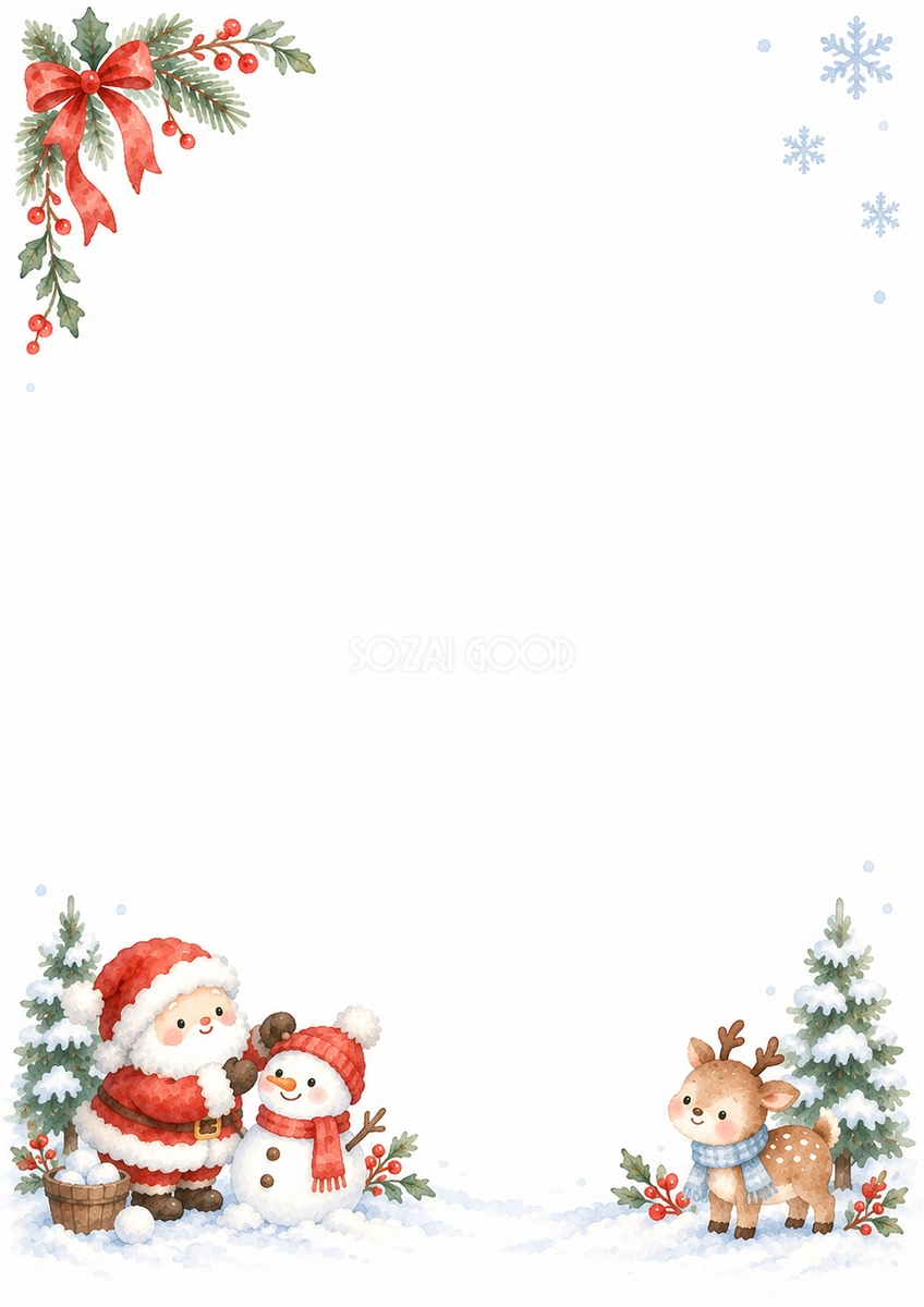 雪だるまとサンタのクリスマス手紙フレーム|文字なしの無料イラスト 97822