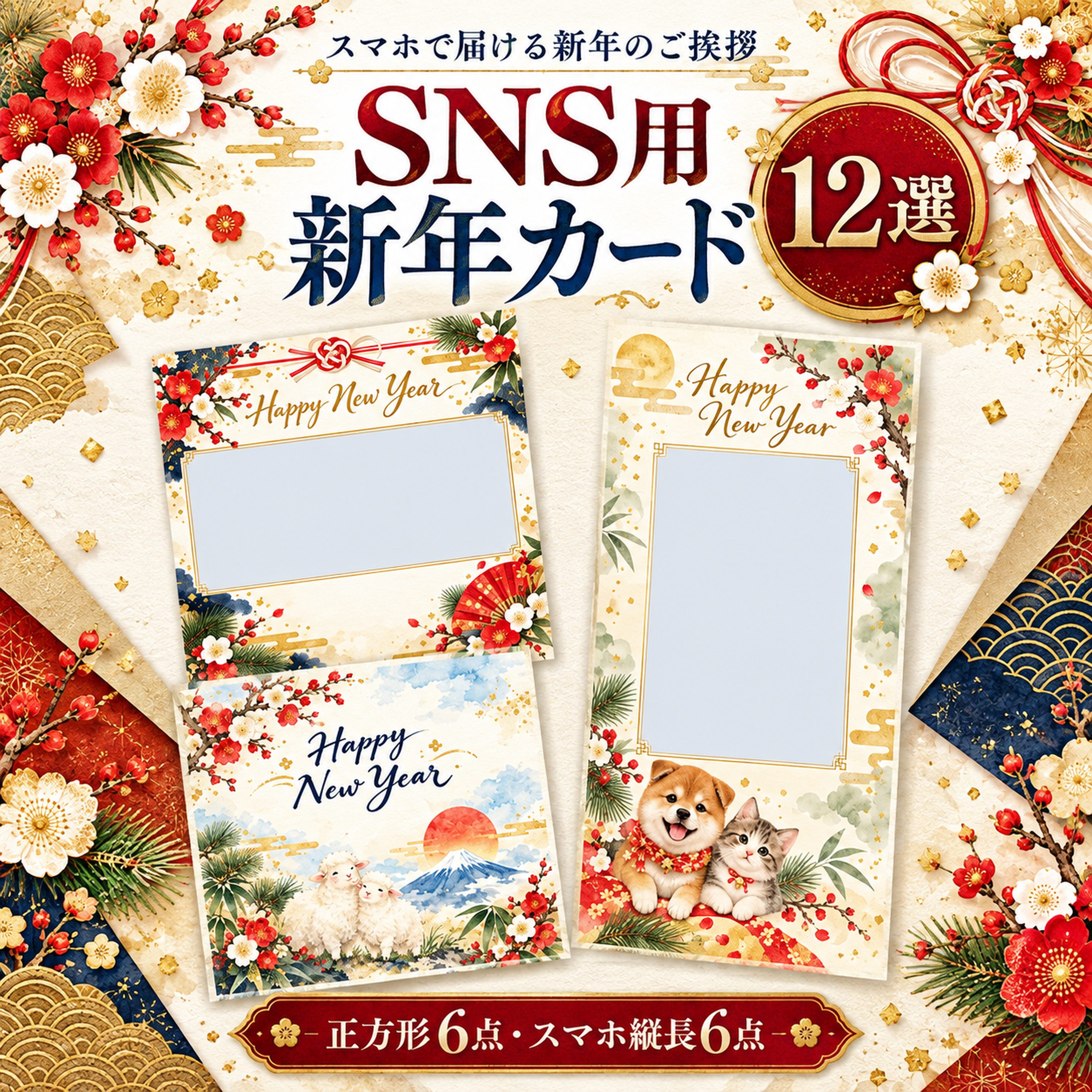 SNS用新年カード12選｜正方形・スマホ縦長の無料イラストと写真フレーム 97849に写真・文字を入れる