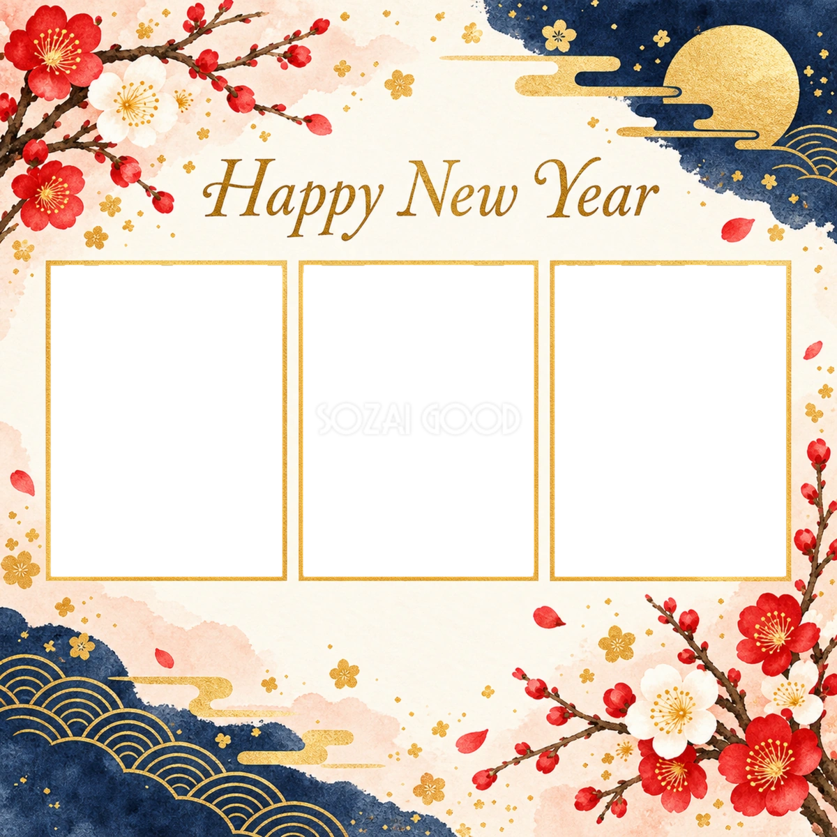 写真3枚の正方形新年カード｜SNSで送る無料イラスト・写真フレーム 97851