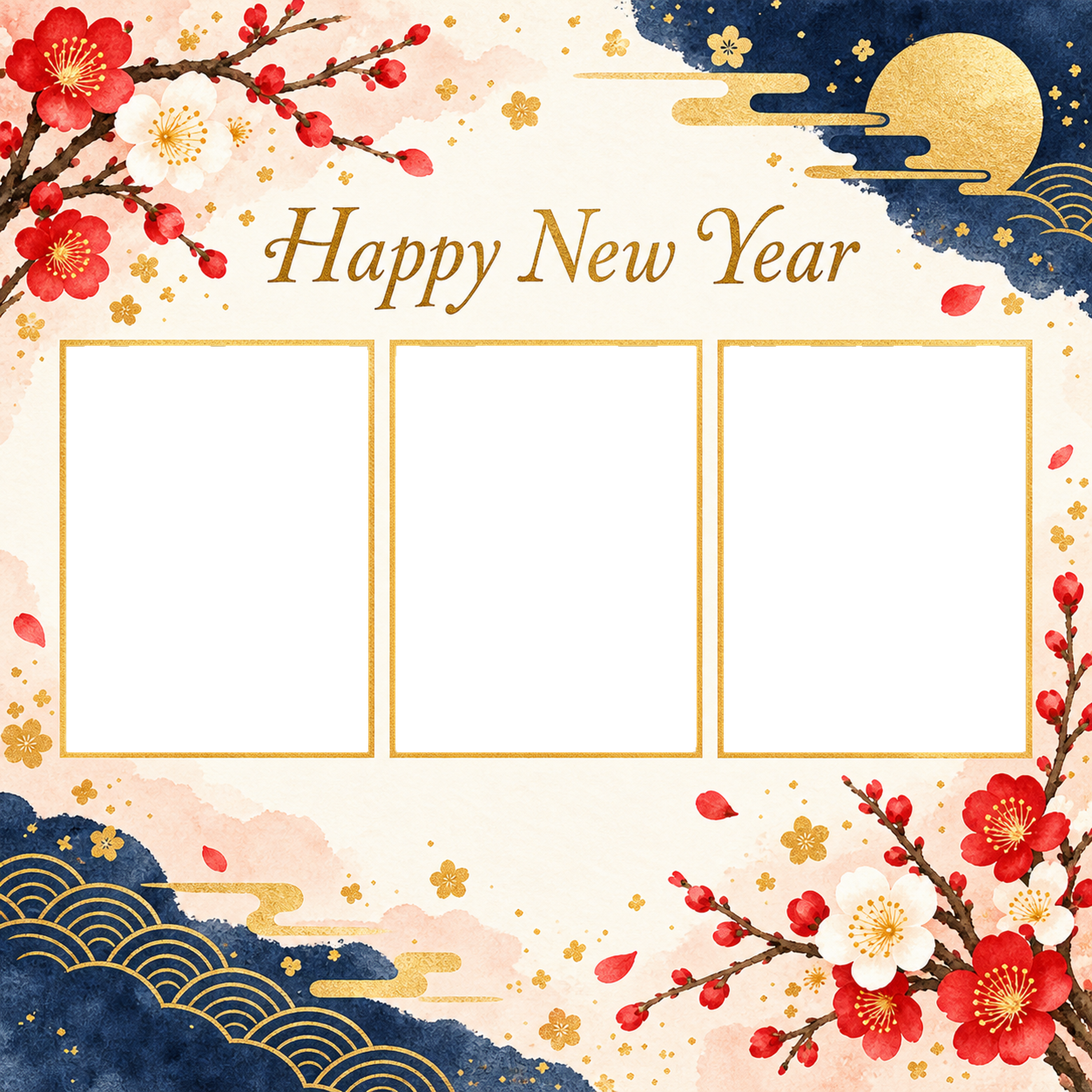 写真3枚の正方形新年カード｜SNSで送る無料イラスト・写真フレーム 97851に写真・文字を入れる