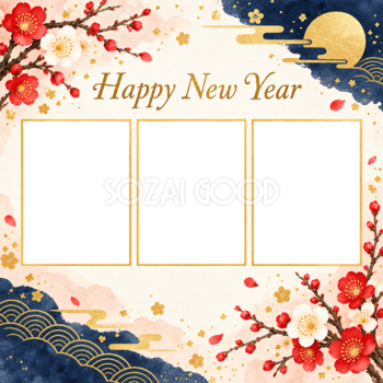 写真3枚の正方形新年カード｜SNSで送る無料イラスト・写真フレーム 97851
