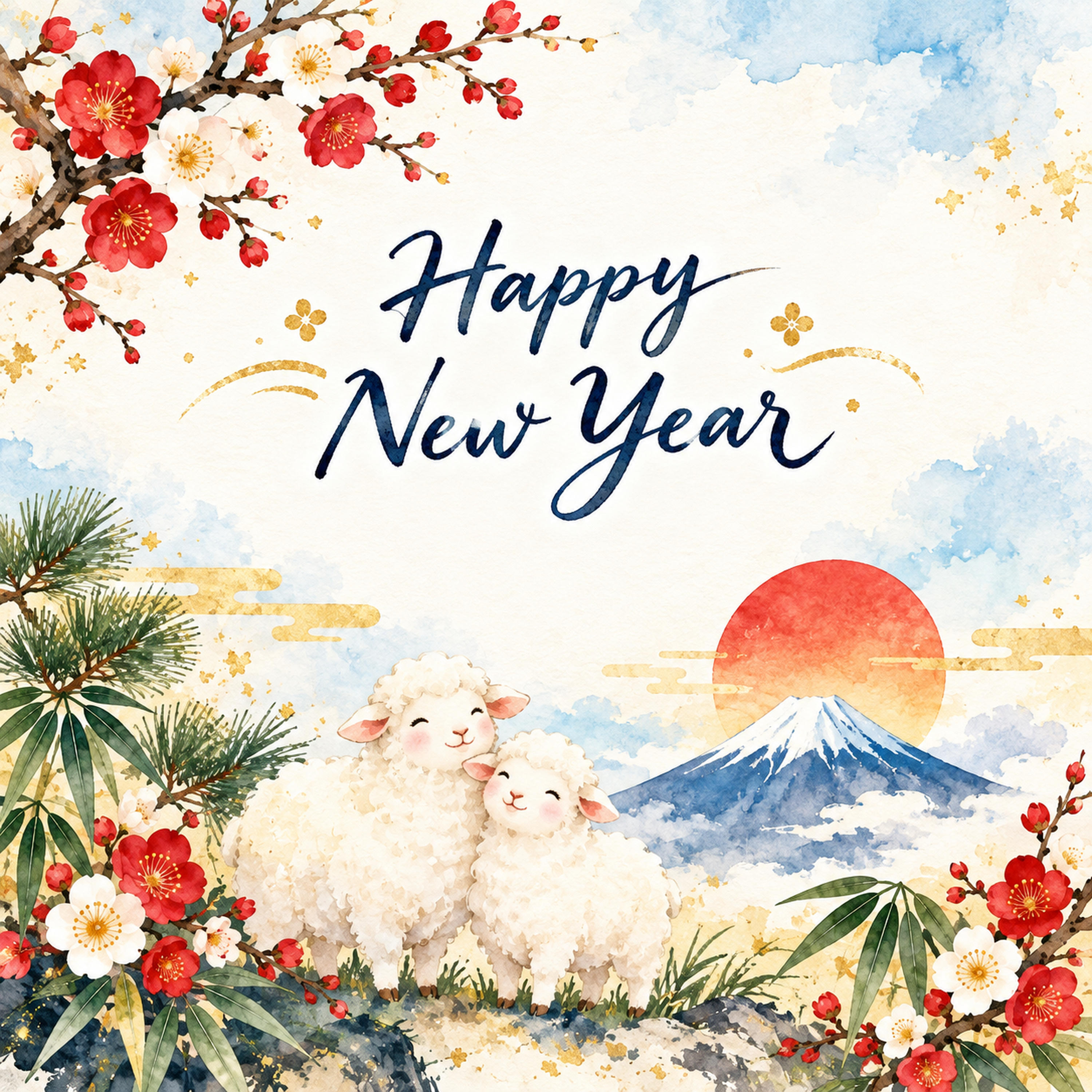 羊と富士山の正方形新年カード｜SNSで送る無料イラスト 97852に写真・文字を入れる