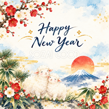羊と富士山の正方形新年カード｜SNSで送る無料イラスト 97852