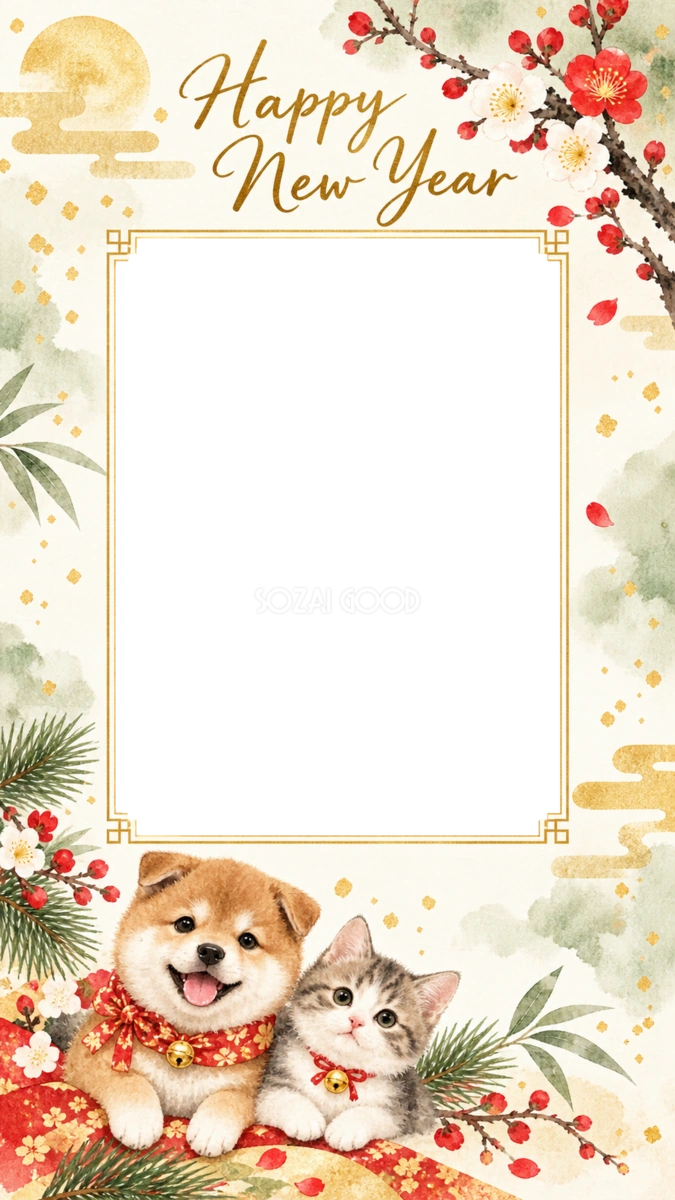 ペット写真のスマホ縦長新年カード｜SNSで送る無料イラスト・写真フレーム 97860