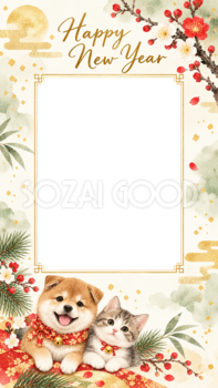 ペット写真のスマホ縦長新年カード｜SNSで送る無料イラスト・写真フレーム 97860
