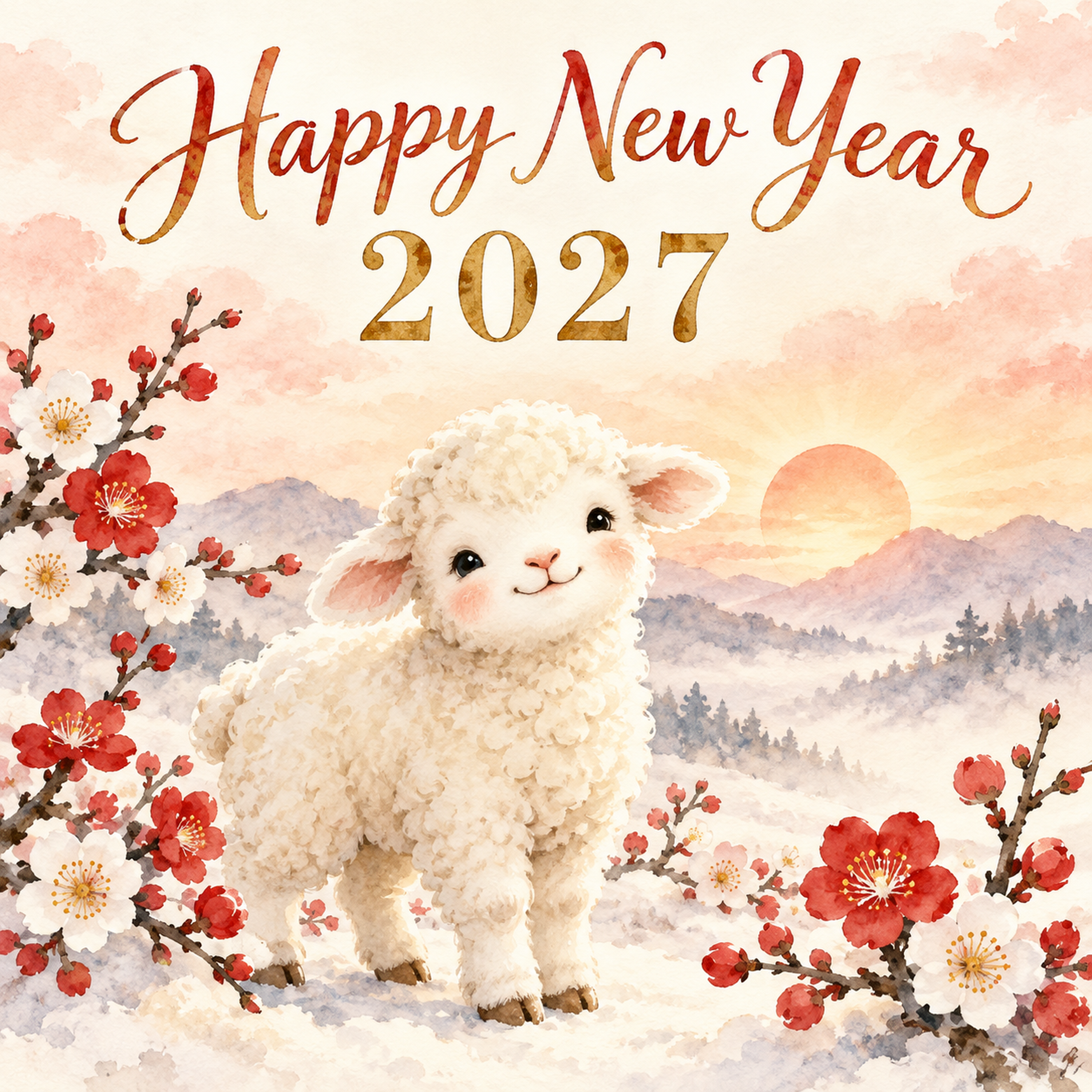 2027年・ふわふわ羊と紅白梅の新年カード｜正方形のかわいい無料イラスト 97863に写真・文字を入れる