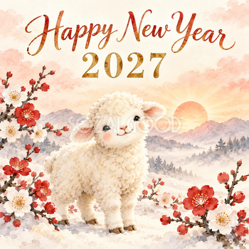 2027年・ふわふわ羊と紅白梅の新年カード｜正方形のかわいい無料イラスト 97863