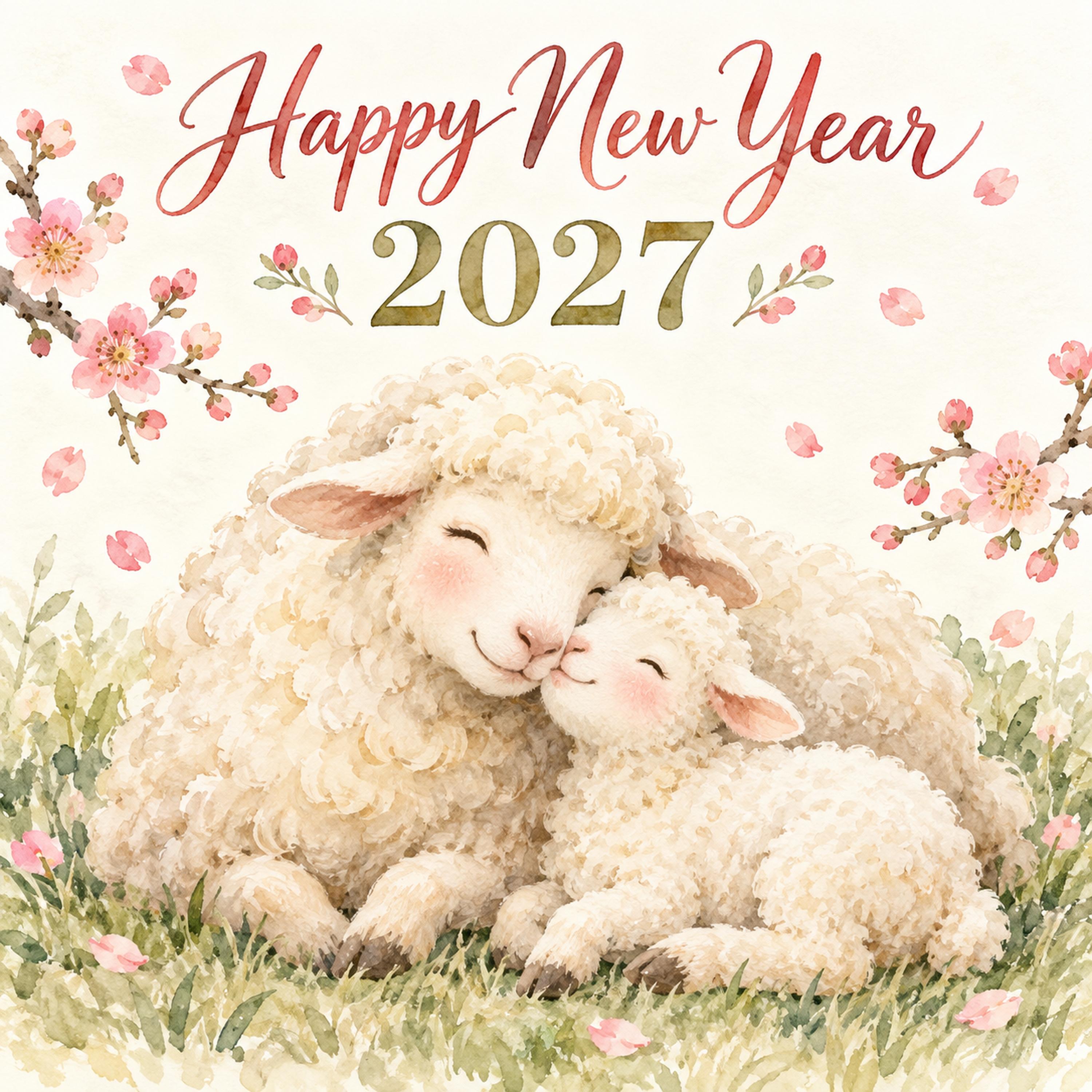 2027年・寄り添う羊の親子の新年カード｜正方形のかわいい無料イラスト 97864に写真・文字を入れる