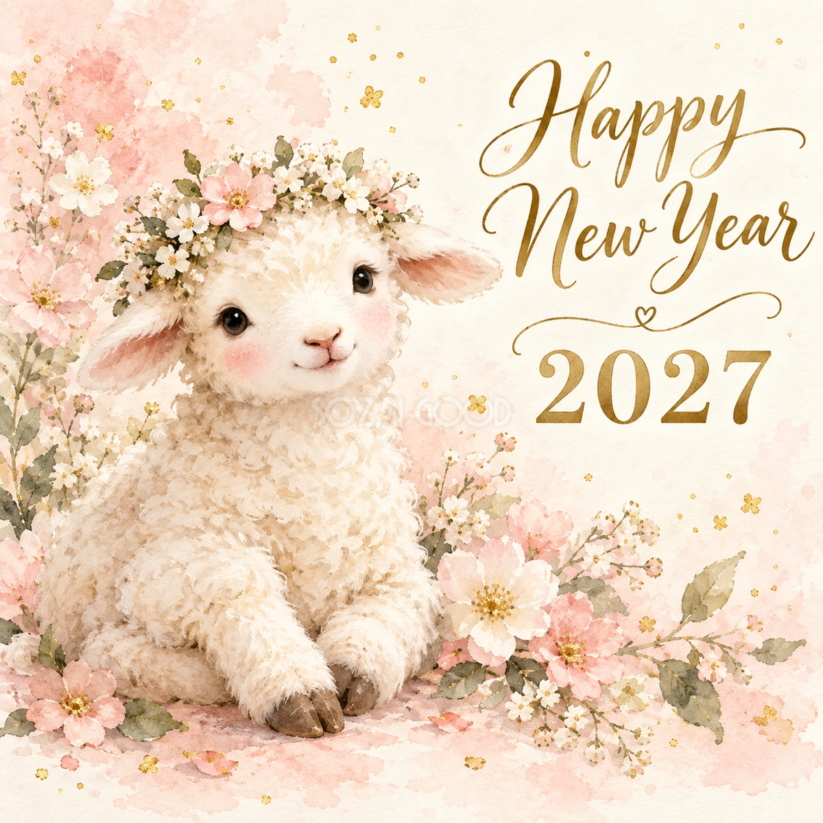 2027年・花冠の子羊の新年カード|正方形のかわいい無料イラスト 97865