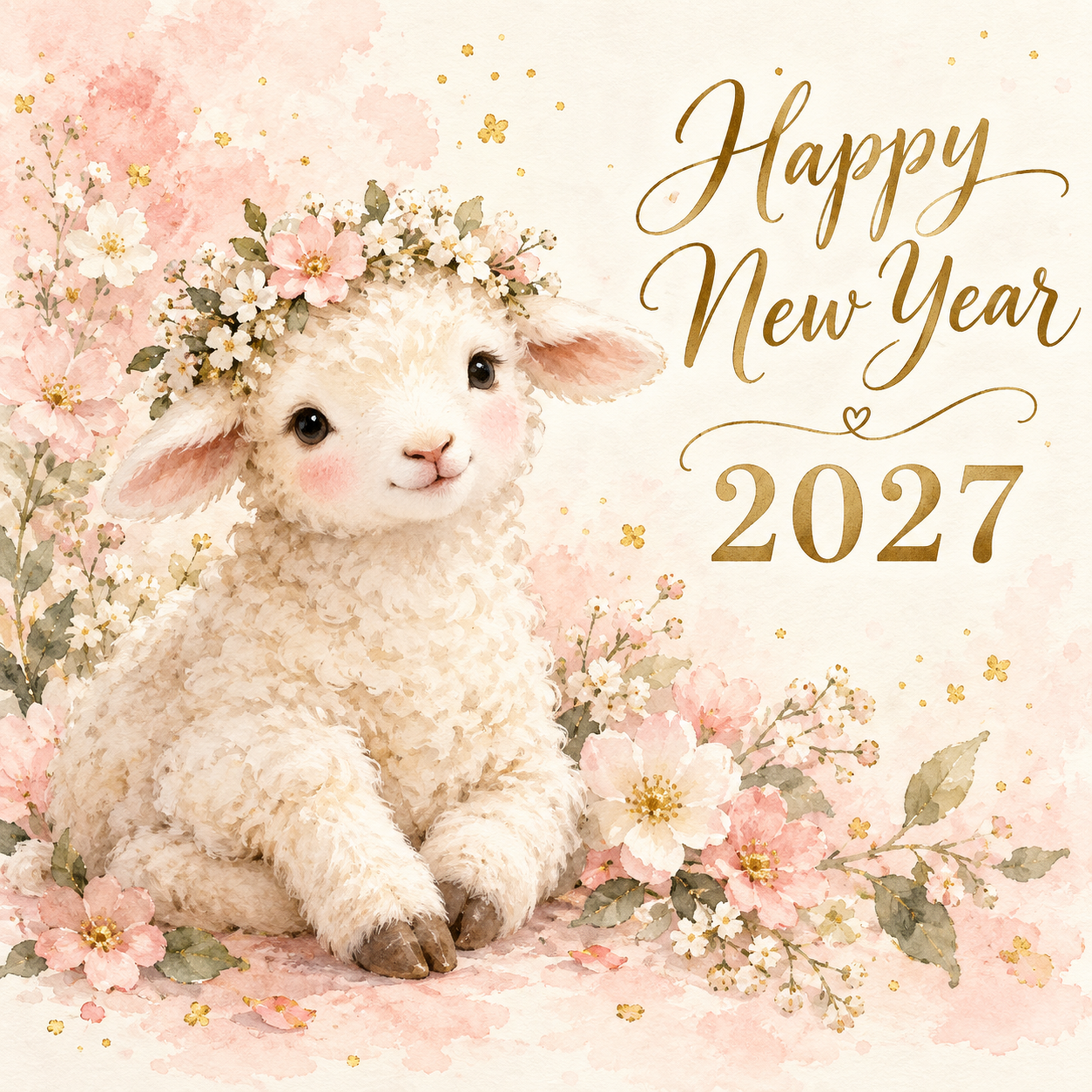 2027年・花冠の子羊の新年カード｜正方形のかわいい無料イラスト 97865に写真・文字を入れる