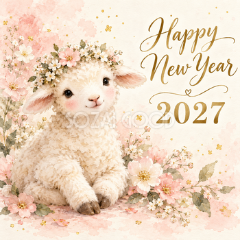 2027年・花冠の子羊の新年カード｜正方形のかわいい無料イラスト 97865