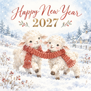 2027年・赤いマフラーの羊の新年カード｜正方形のかわいい無料イラスト 97866