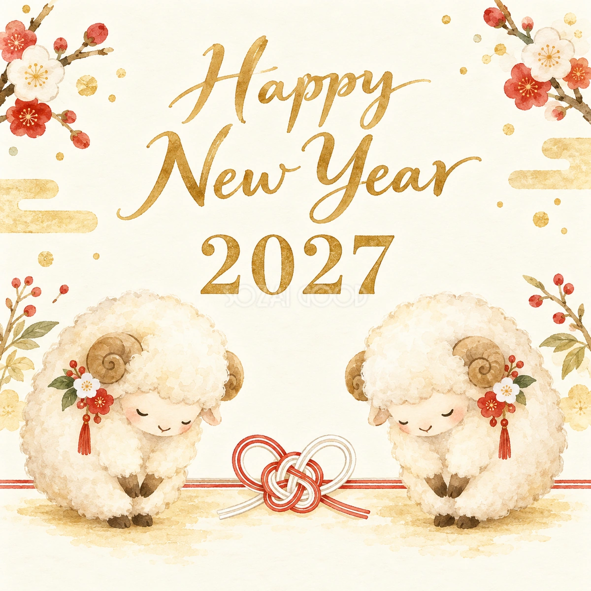 2027年・お辞儀する羊の新年カード|正方形のかわいい無料イラスト 97867