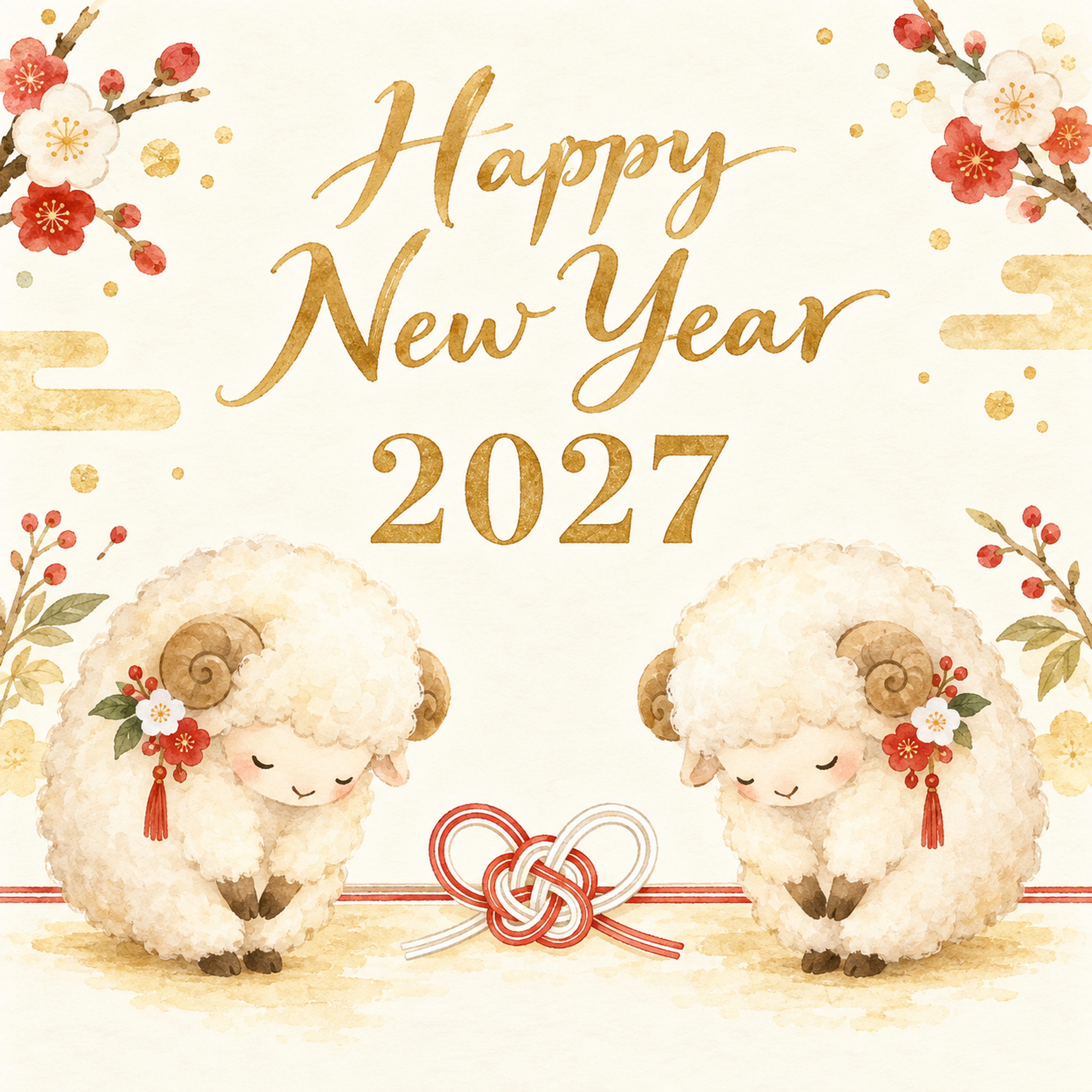 2027年・お辞儀する羊の新年カード｜正方形のかわいい無料イラスト 97867に写真・文字を入れる
